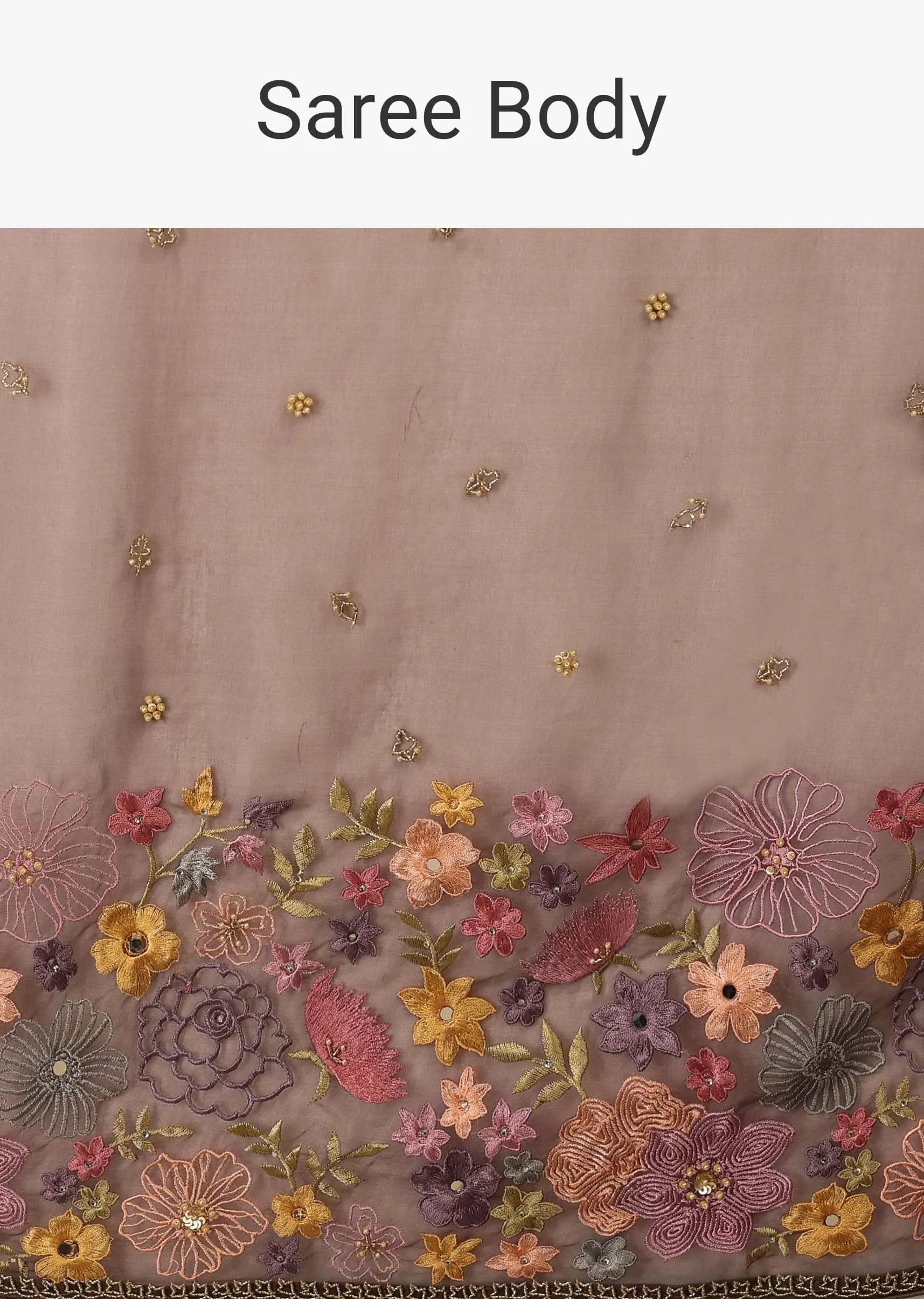 Fog Grey Saree In Organza With A Wide Floral Embroidered Pallu With Tassels