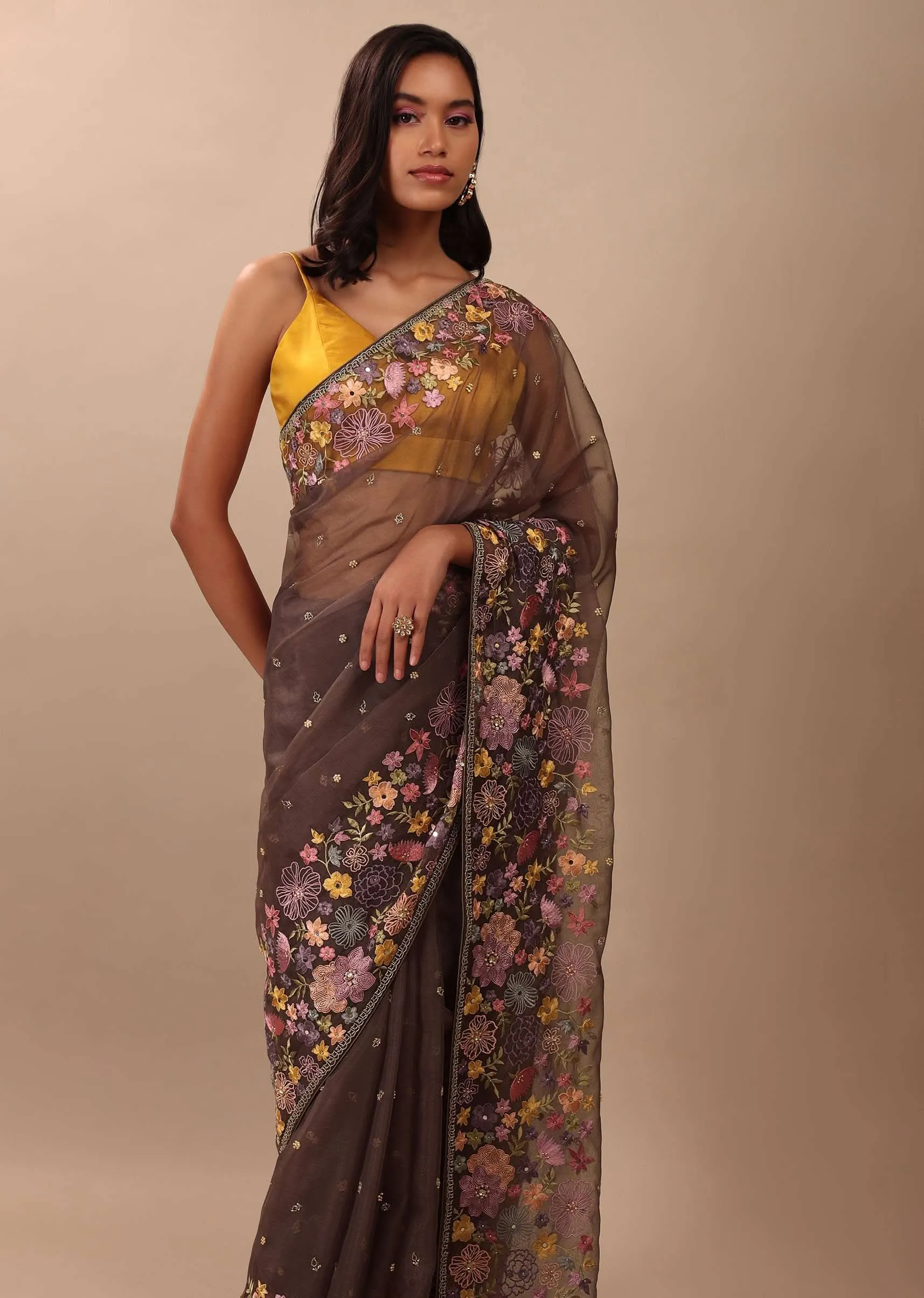 Fog Grey Saree In Organza With A Wide Floral Embroidered Pallu With Tassels