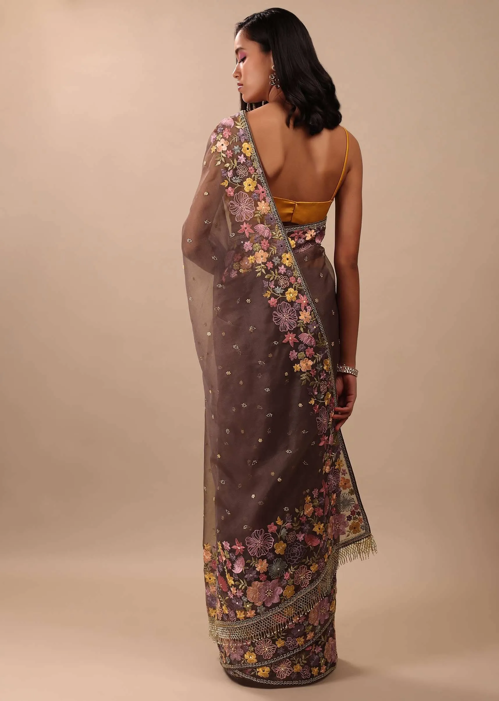 Fog Grey Saree In Organza With A Wide Floral Embroidered Pallu With Tassels