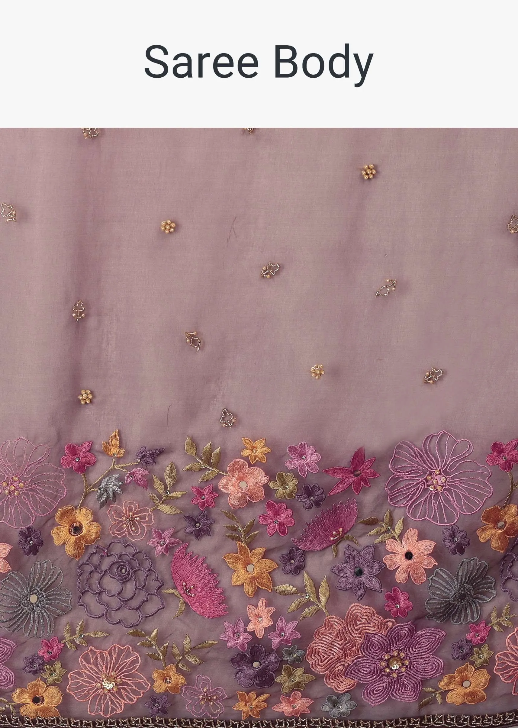 Fog Grey Saree In Organza With A Wide Floral Embroidered Pallu With Tassels