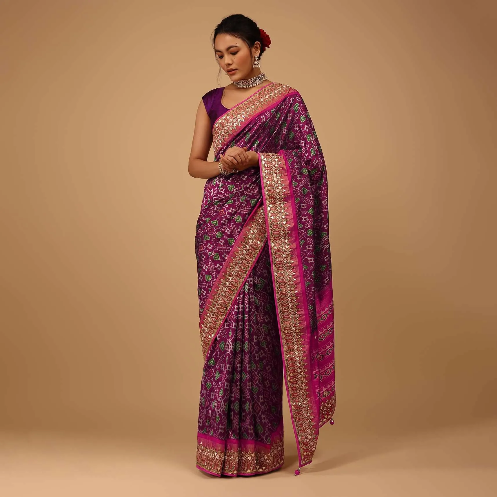 Grape Purple Saree In Pure Silk With Handloom Patola Ikat Weave