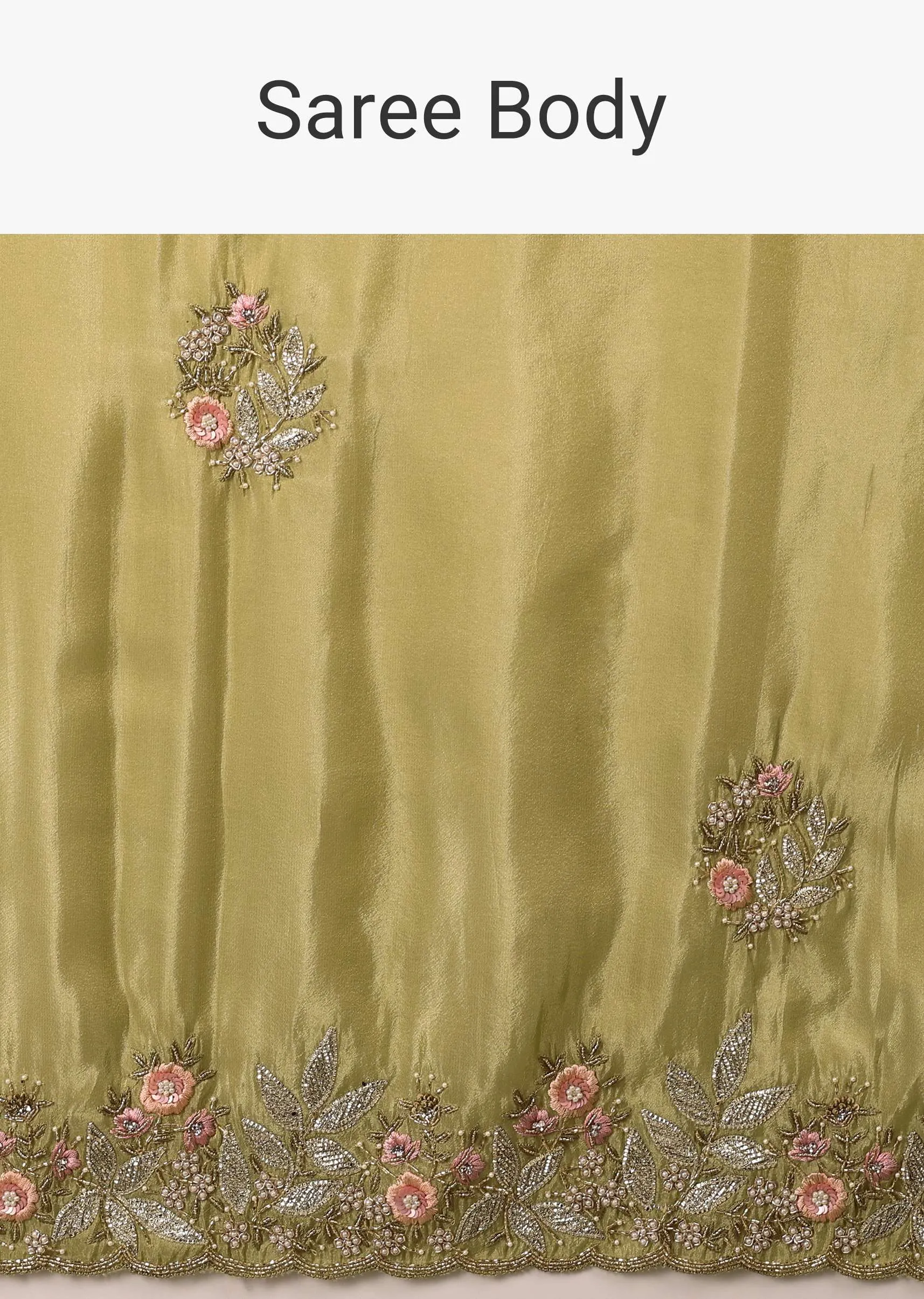 Grass Green Saree In Glass Tissue Fabric And Gotta Resham Embroidery With Cut Dana, Moti & Sequins
