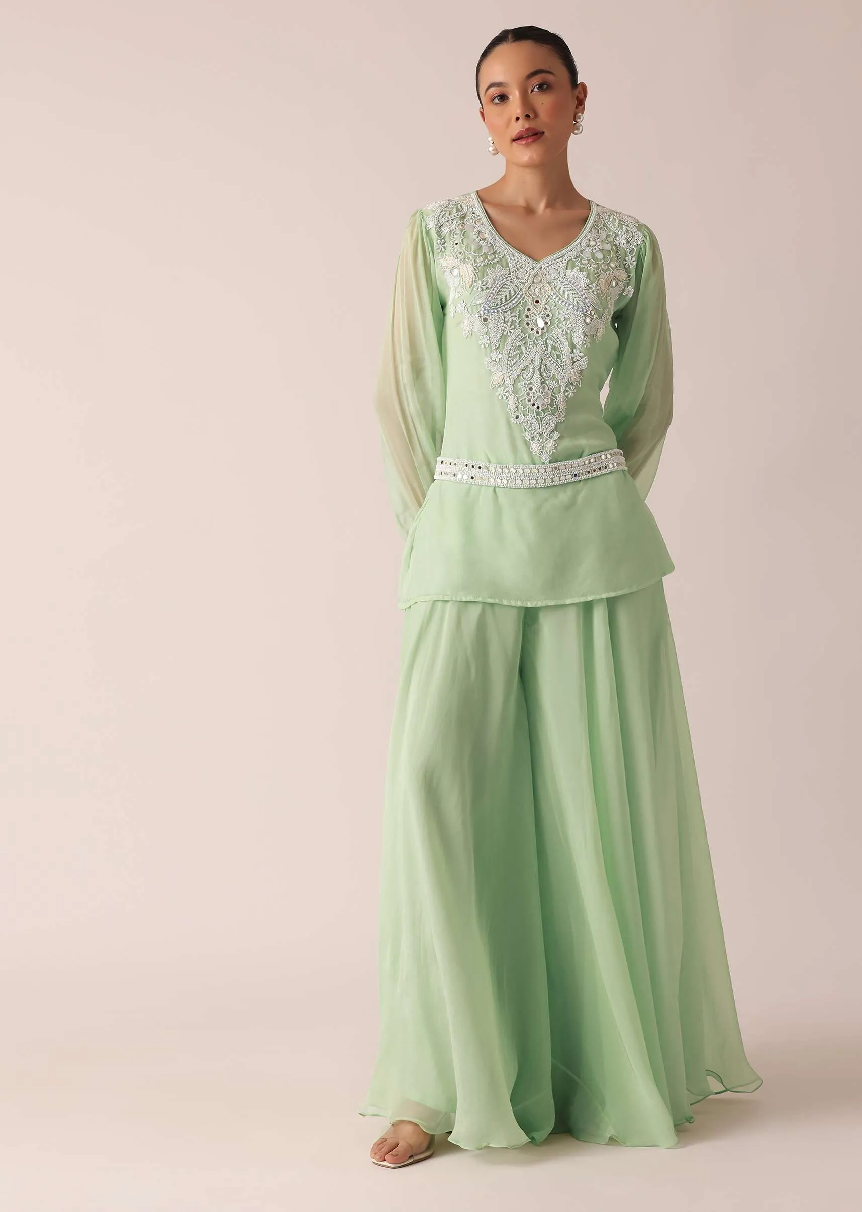 Green Organza Kurta And Palazzo Set With Embroidery And Belt