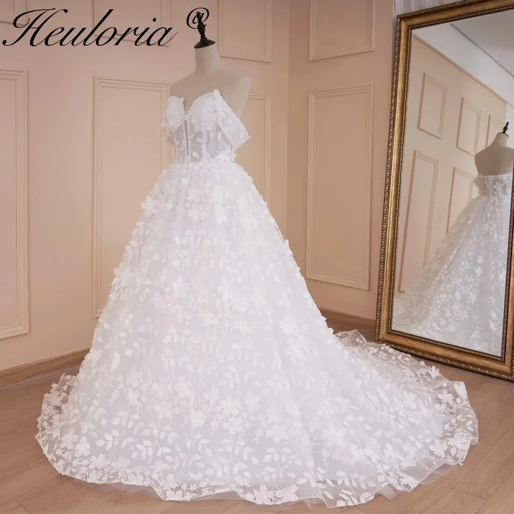 HEULORIA Princess Wedding Dress off shoulder bride dress  plus size robe de mariee 3D floral Lace Wedding Bridal Gown