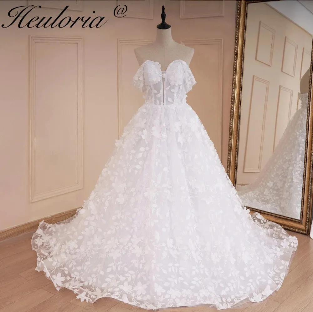 HEULORIA Princess Wedding Dress off shoulder bride dress  plus size robe de mariee 3D floral Lace Wedding Bridal Gown
