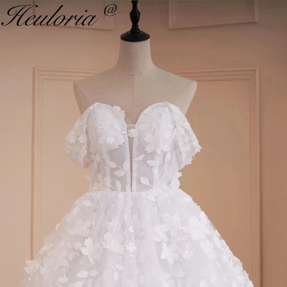 HEULORIA Princess Wedding Dress off shoulder bride dress  plus size robe de mariee 3D floral Lace Wedding Bridal Gown