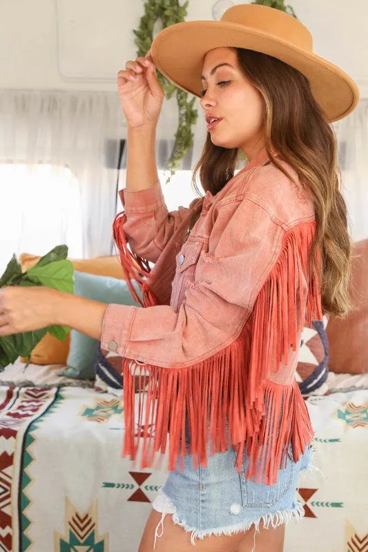 “I Guess I’m in Love” Distressed Wash Jacket with Fringe Detail