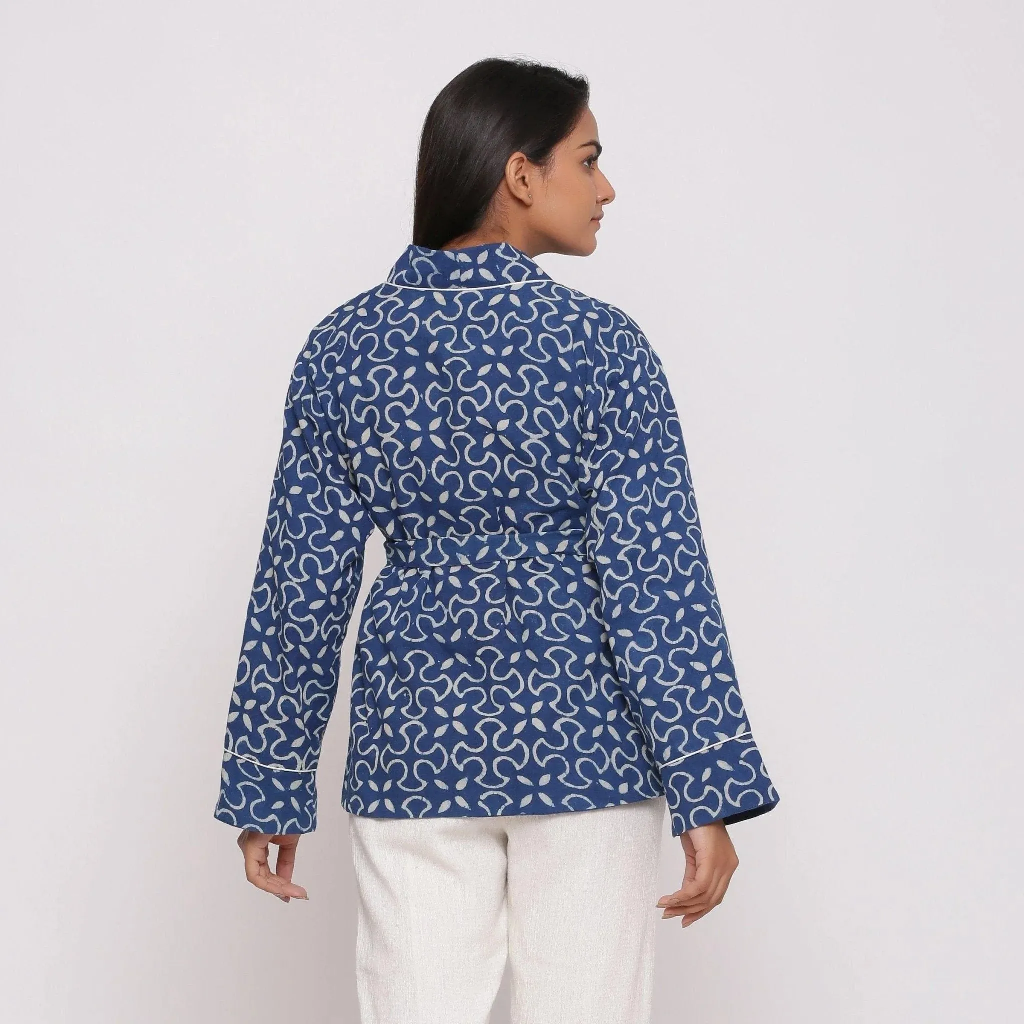 Indigo Warm Block Printed Front Open Short Cotton Overlay
