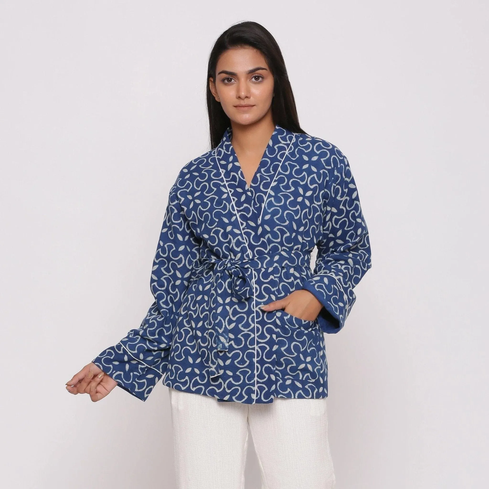 Indigo Warm Block Printed Front Open Short Cotton Overlay