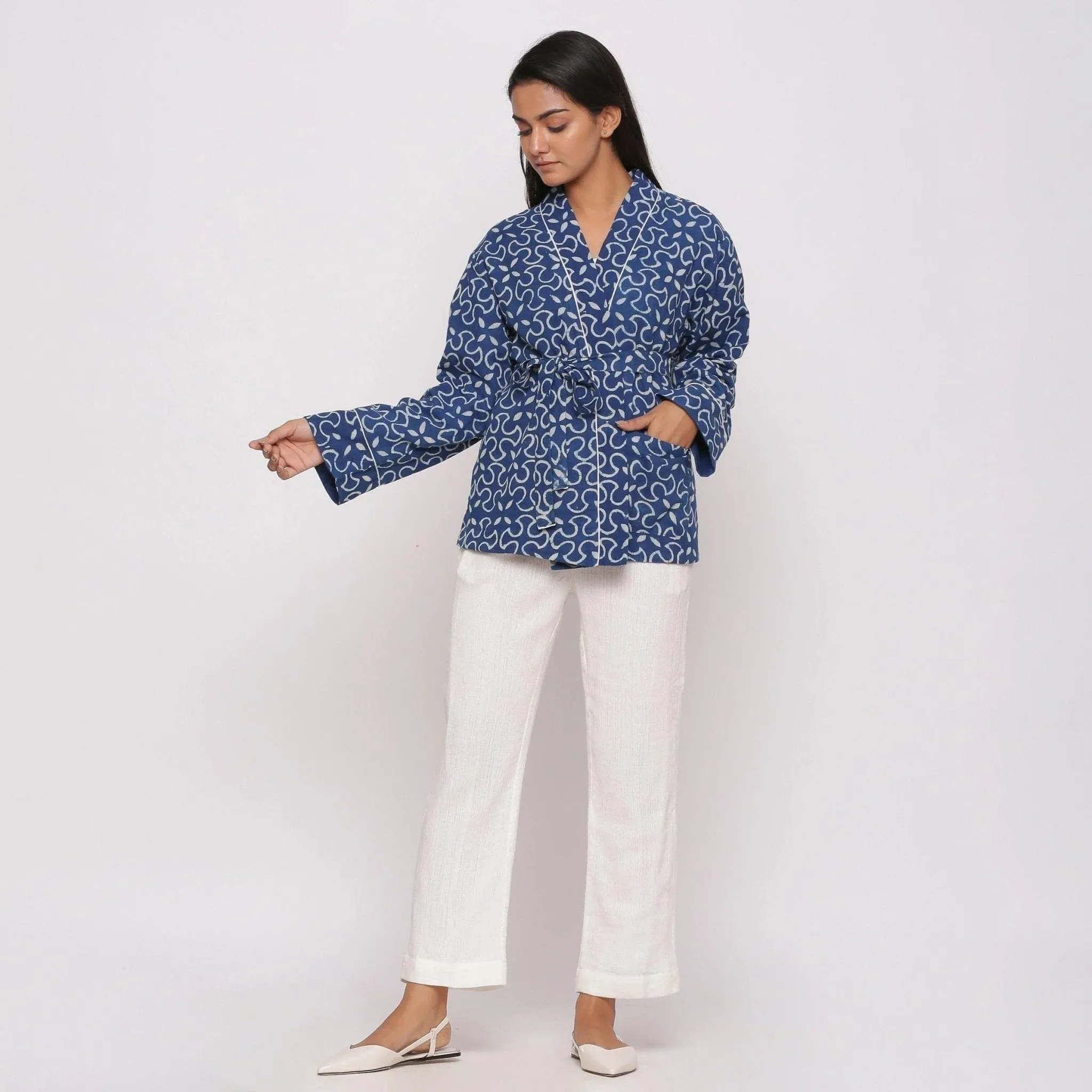 Indigo Warm Block Printed Front Open Short Cotton Overlay