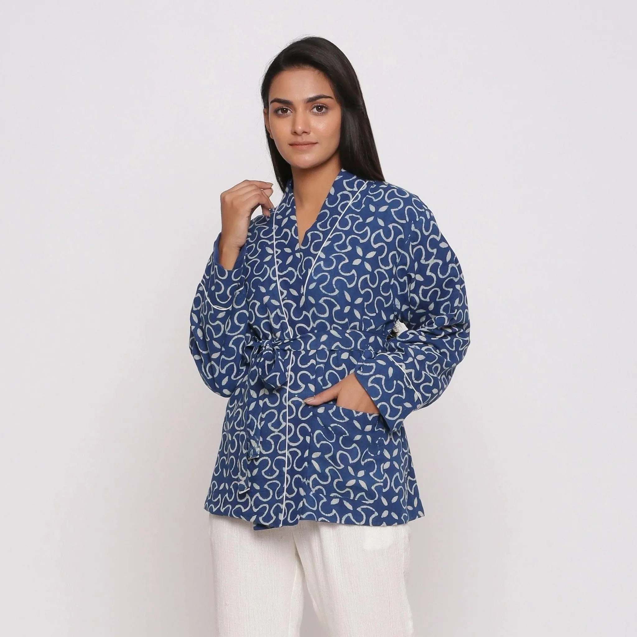 Indigo Warm Block Printed Front Open Short Cotton Overlay