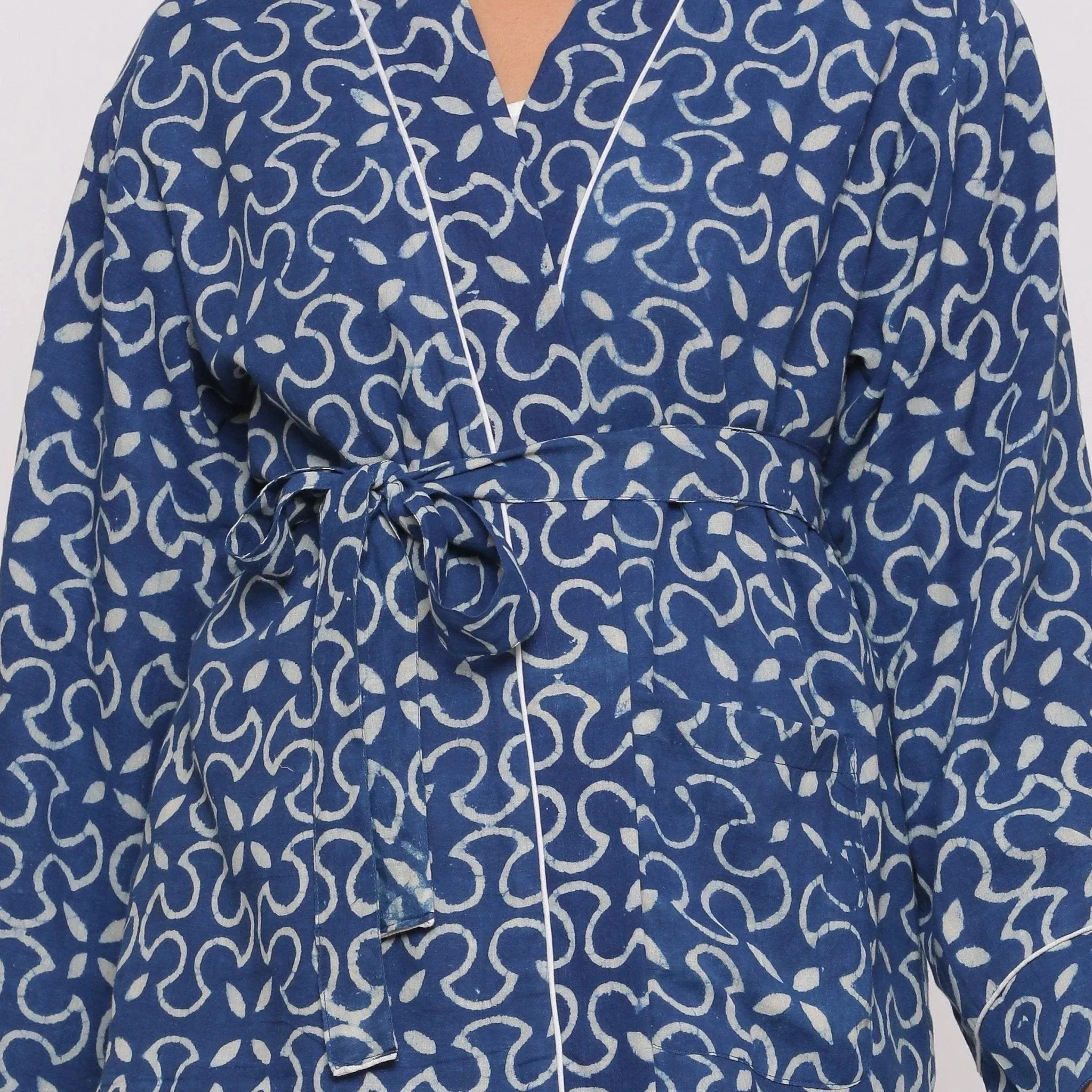 Indigo Warm Block Printed Front Open Short Cotton Overlay