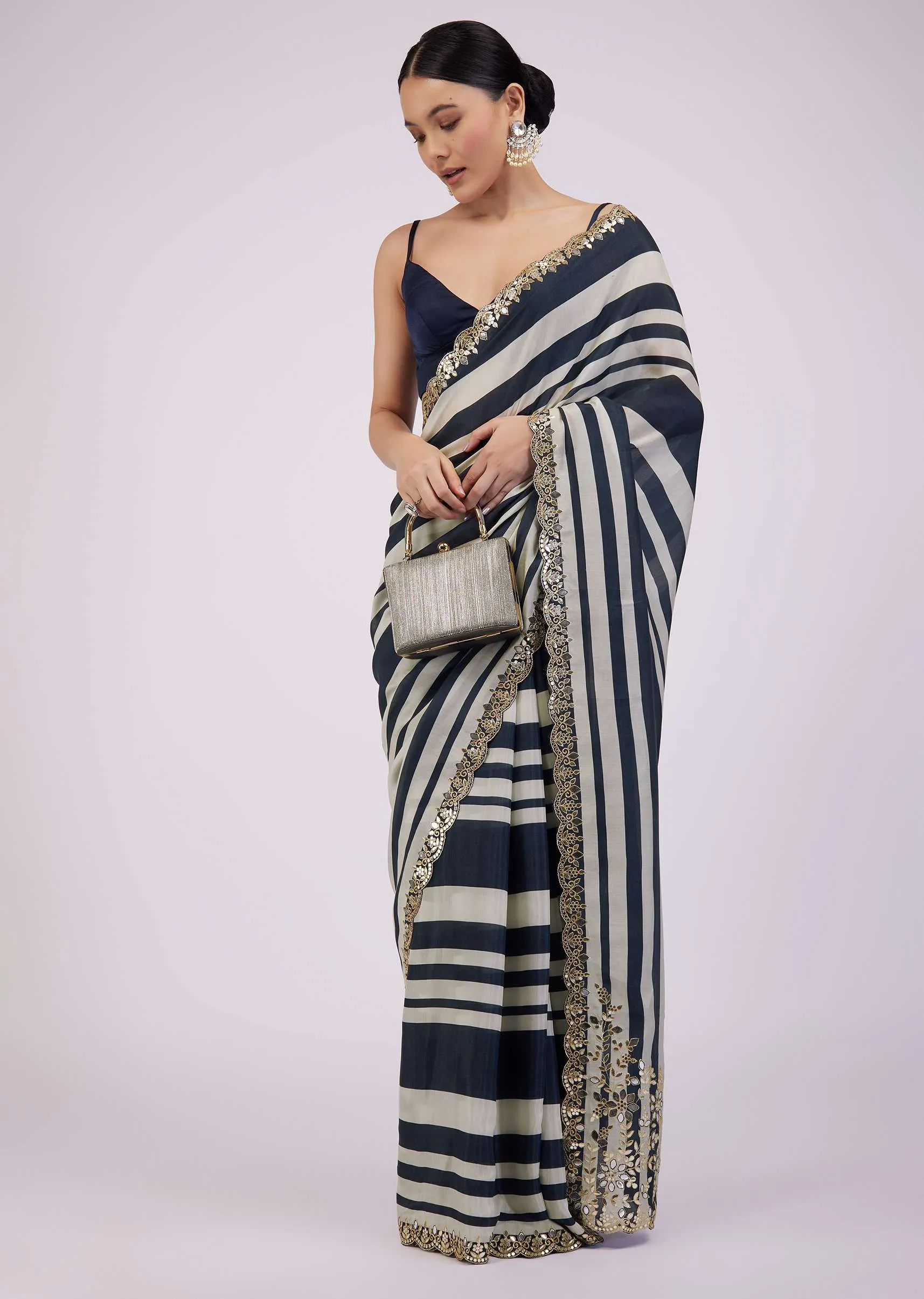 Insignia Blue Saree In Muslin With White Stripes And Embroidery