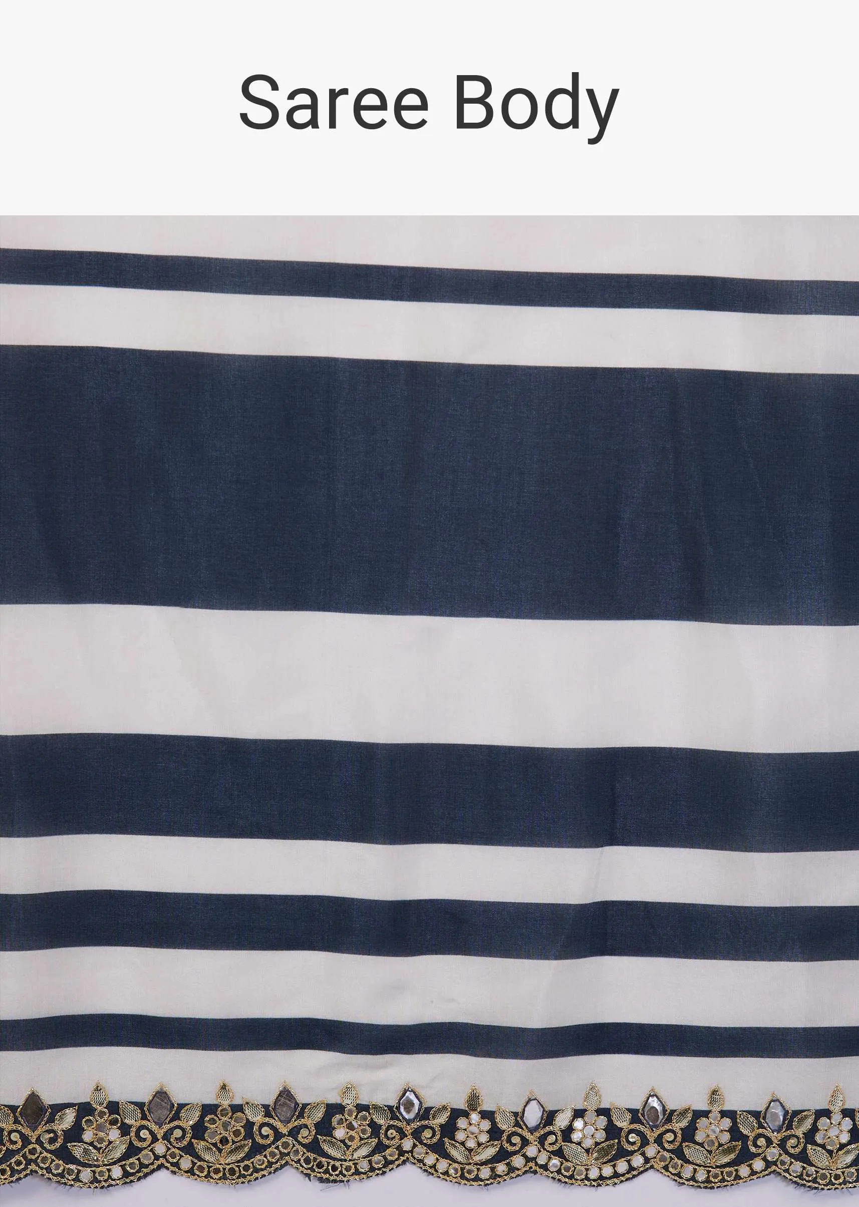 Insignia Blue Saree In Muslin With White Stripes And Embroidery