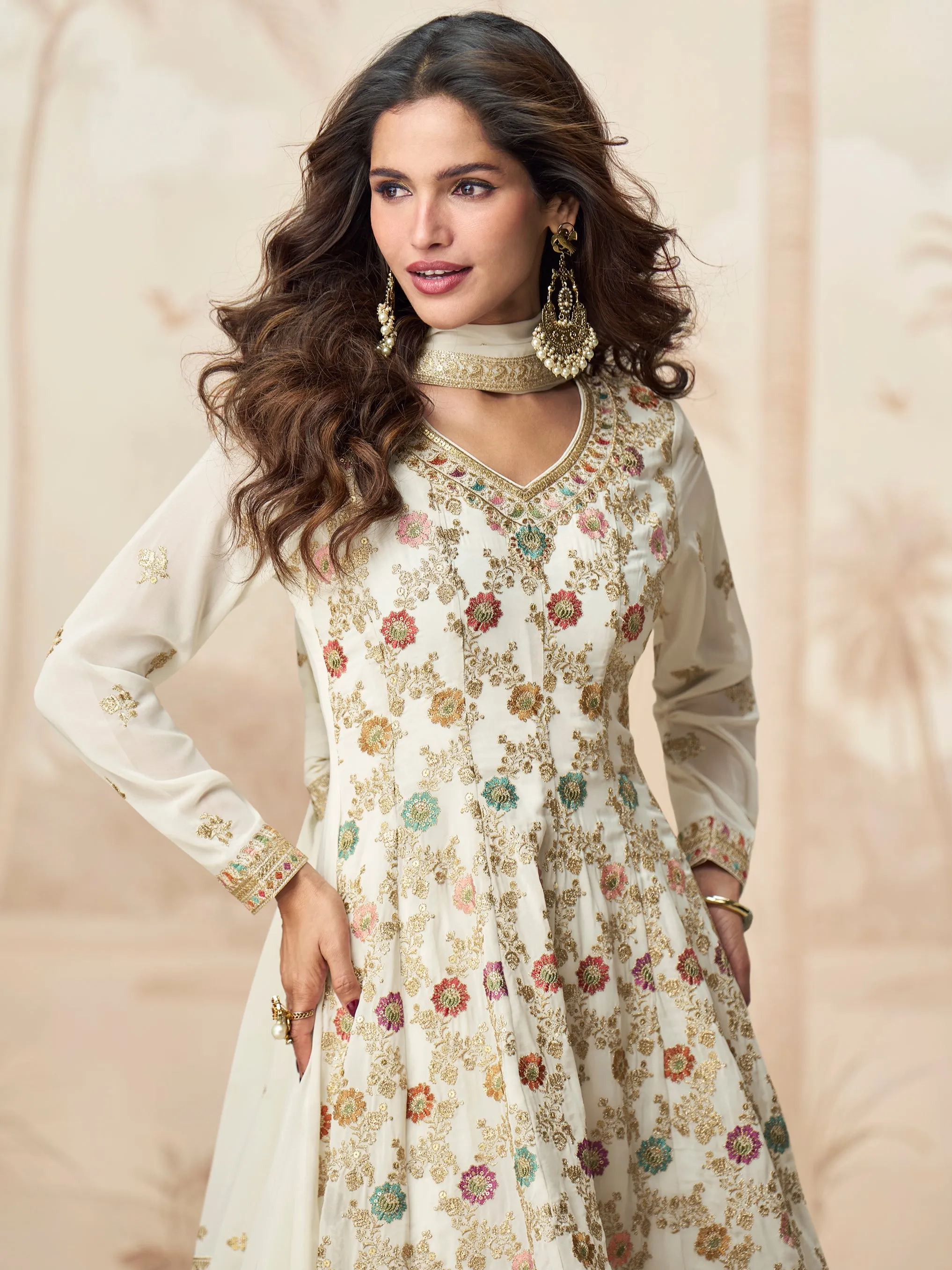 Ivory White Embroidered Palazzo Suit