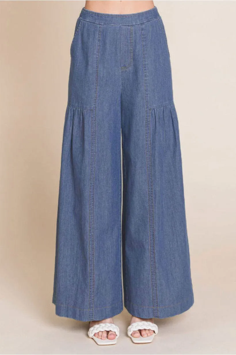 Jodifl Denim Elastic Waistband Detailed Seam Lightweight Palazzo Pants