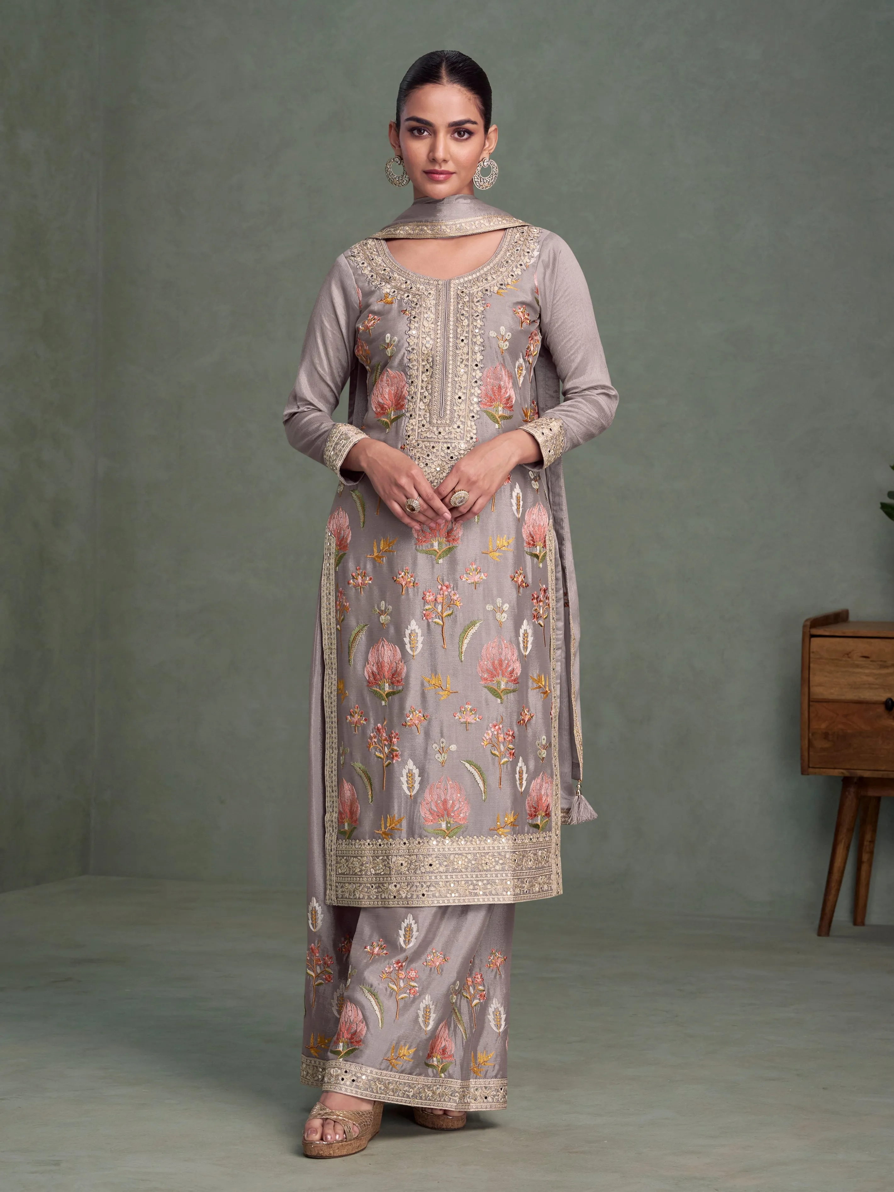 Lavender Grey Chinnon Silk Palazzo Suit