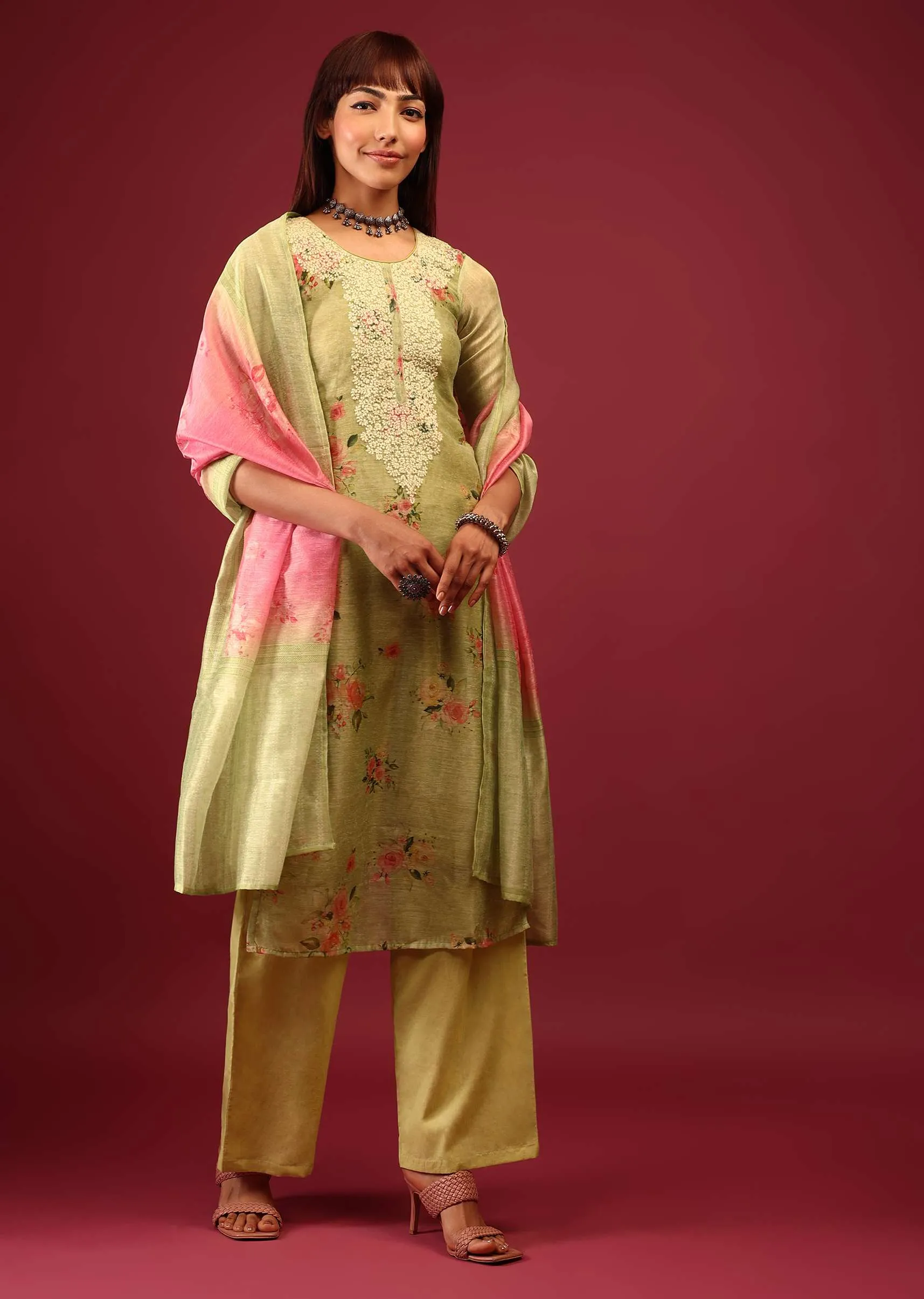 Lime Green Floral Print Palazzo Suit In U Neckline With Zari Embroidery