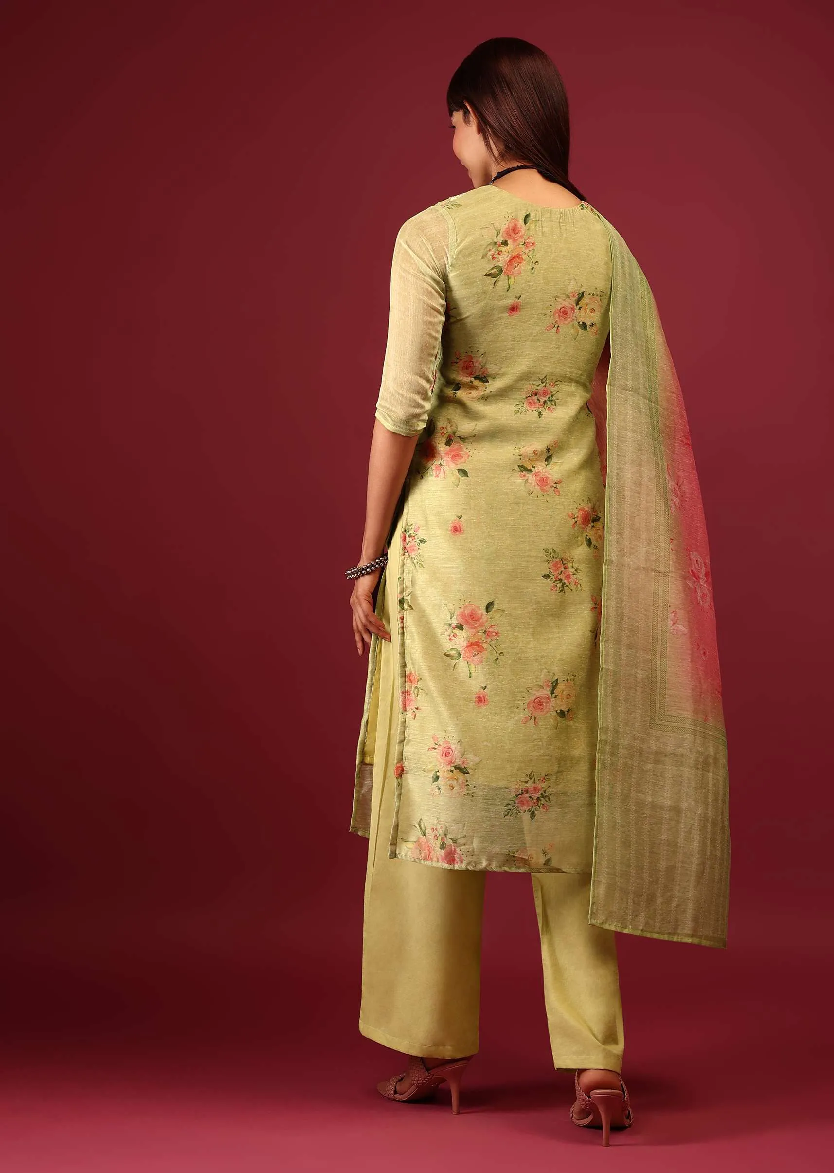 Lime Green Floral Print Palazzo Suit In U Neckline With Zari Embroidery