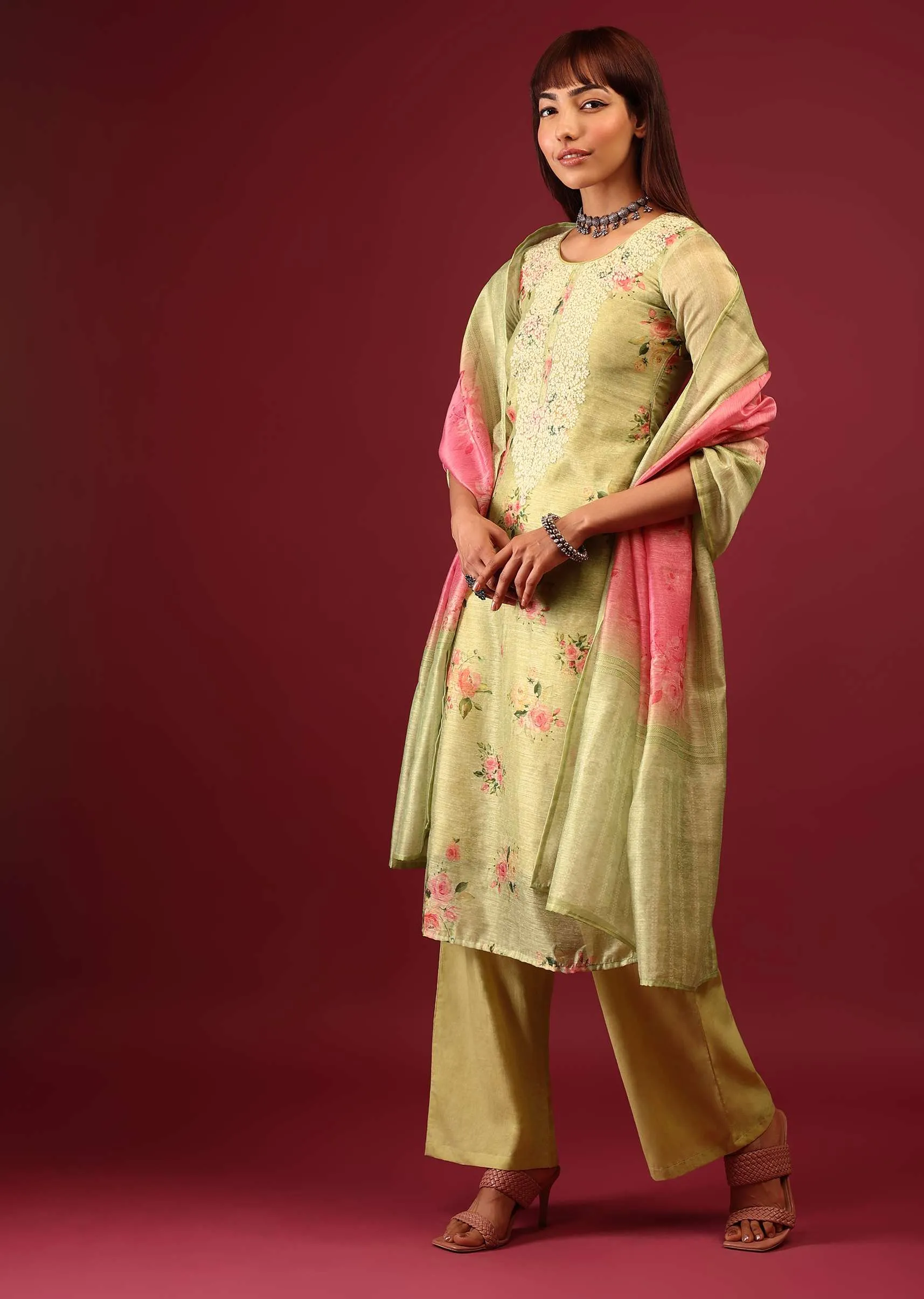 Lime Green Floral Print Palazzo Suit In U Neckline With Zari Embroidery