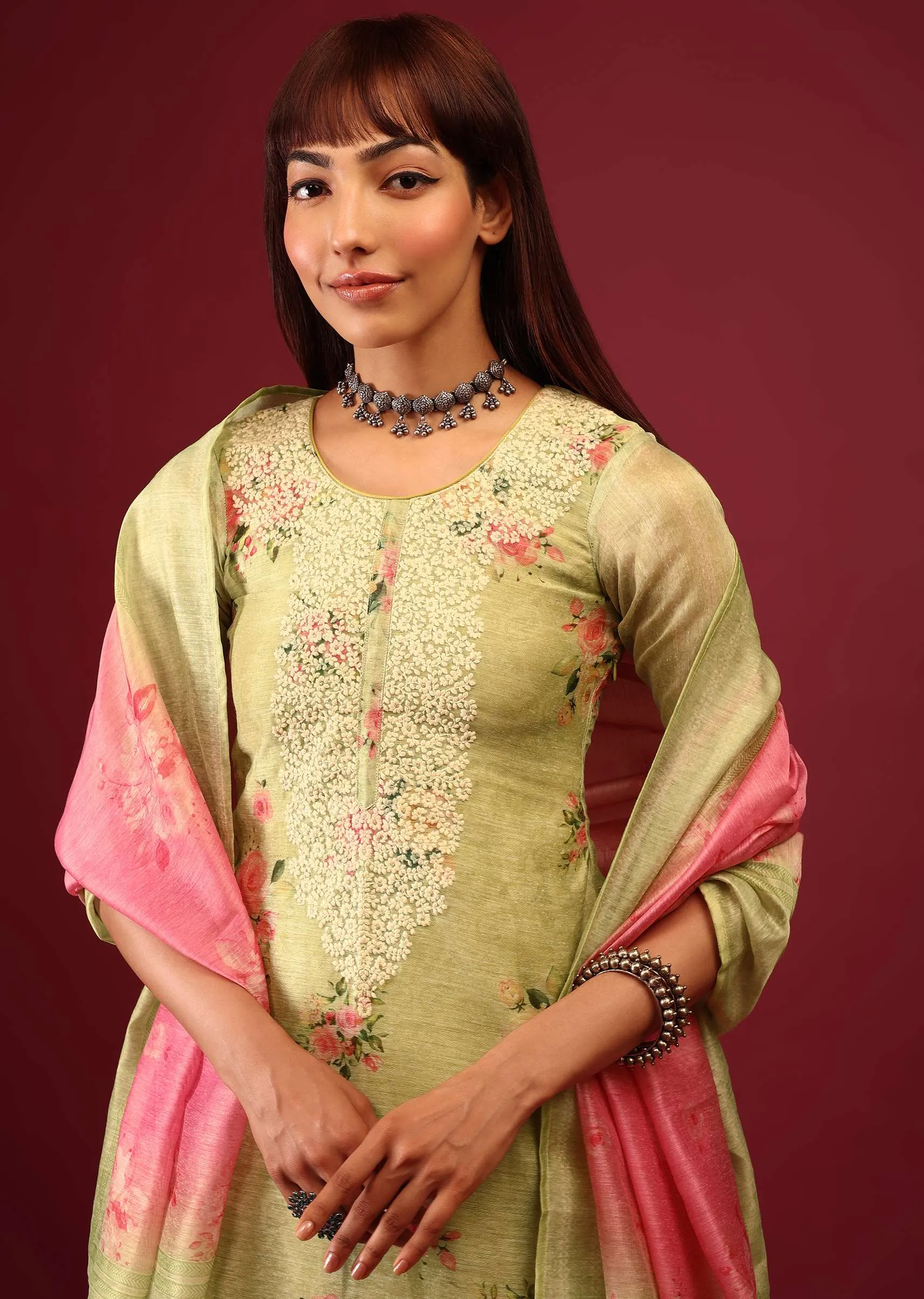 Lime Green Floral Print Palazzo Suit In U Neckline With Zari Embroidery