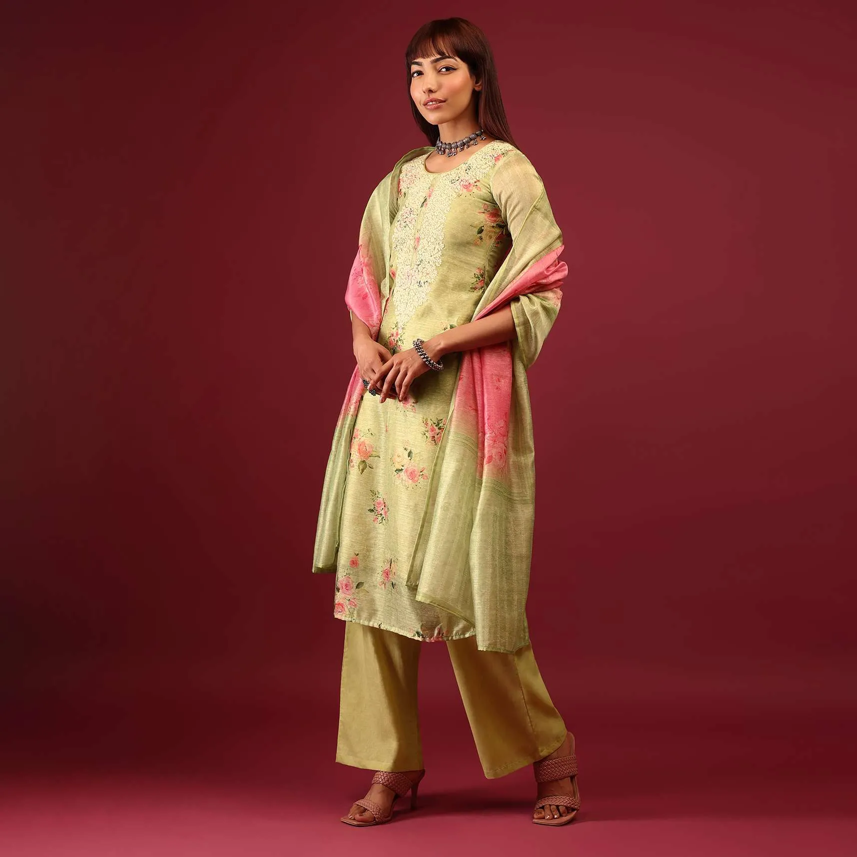 Lime Green Floral Print Palazzo Suit In U Neckline With Zari Embroidery