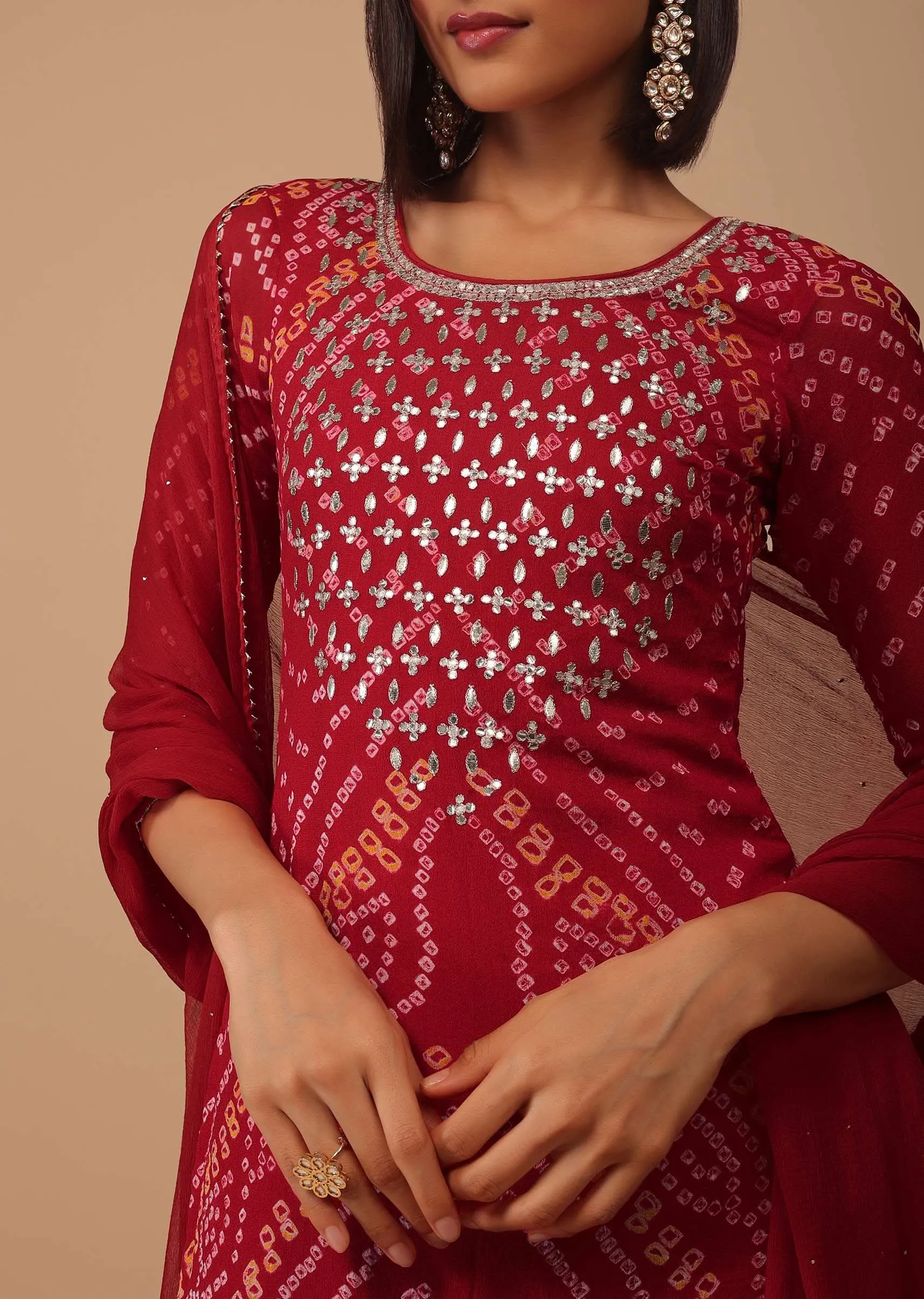 Maroon Red Gotta Embroidered Bandhani Printed Georgette Palazzo Suit With Chiffon Dupatta