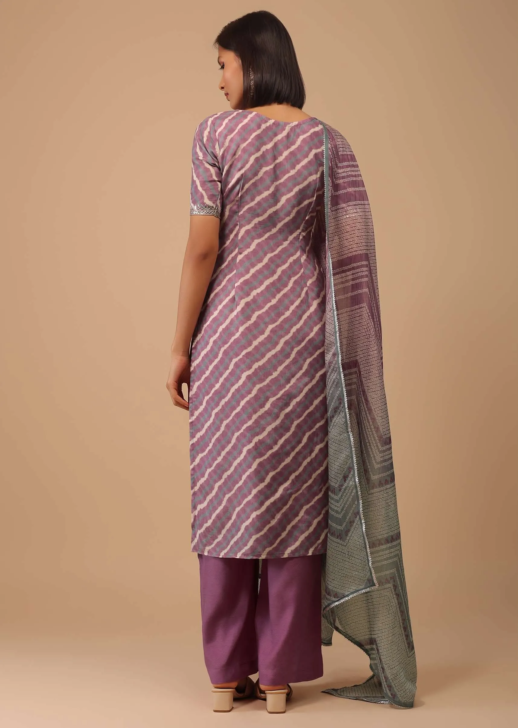 Mauve Purple Embroidered Leheriya Printed Cotton Palazzo Suit With Printed Dupatta