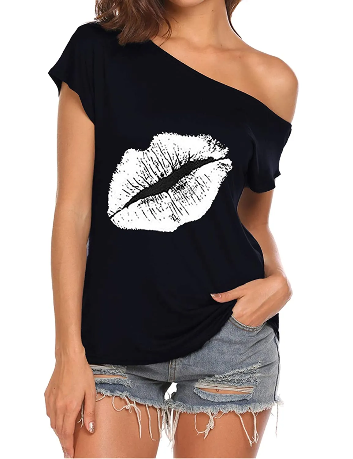 Off Shoulder Short Sleeve Loose Drop Shoulder Blouse Top