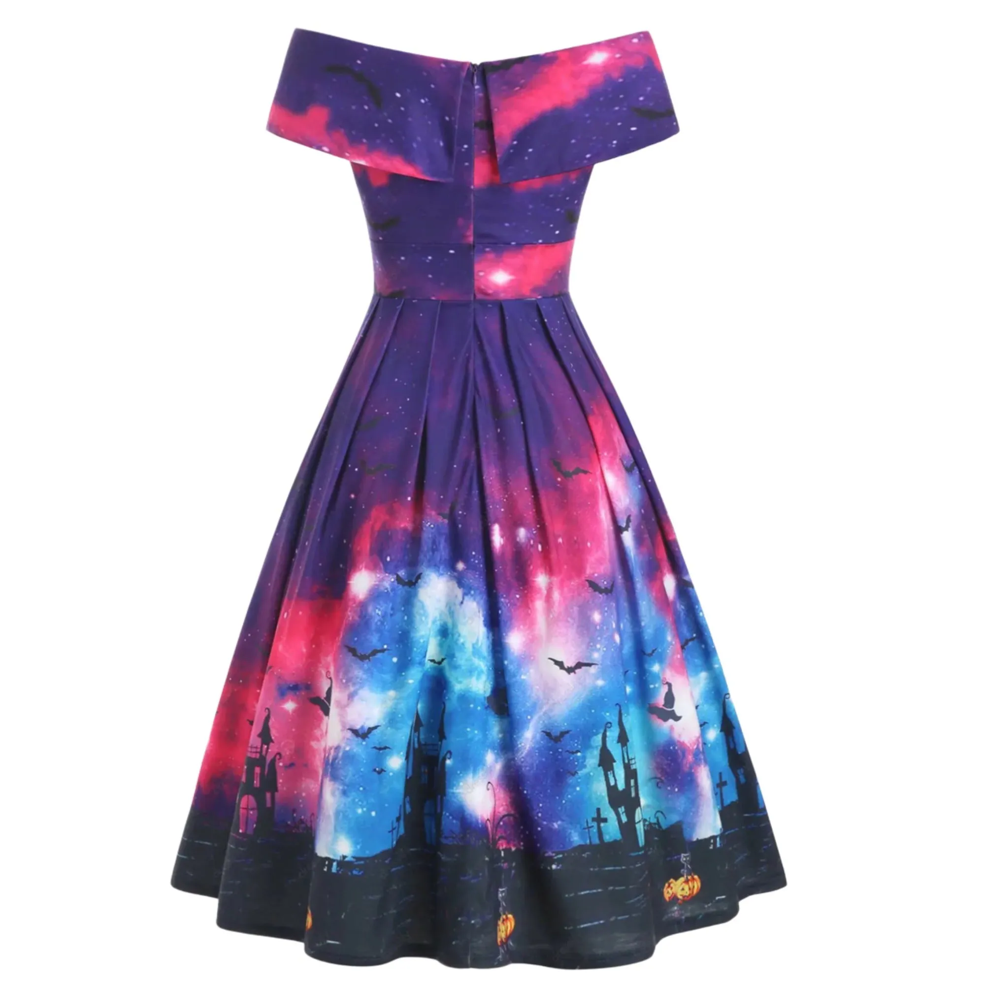 Off Shoulder Watercolor Pumpkin Bat Flared Dress