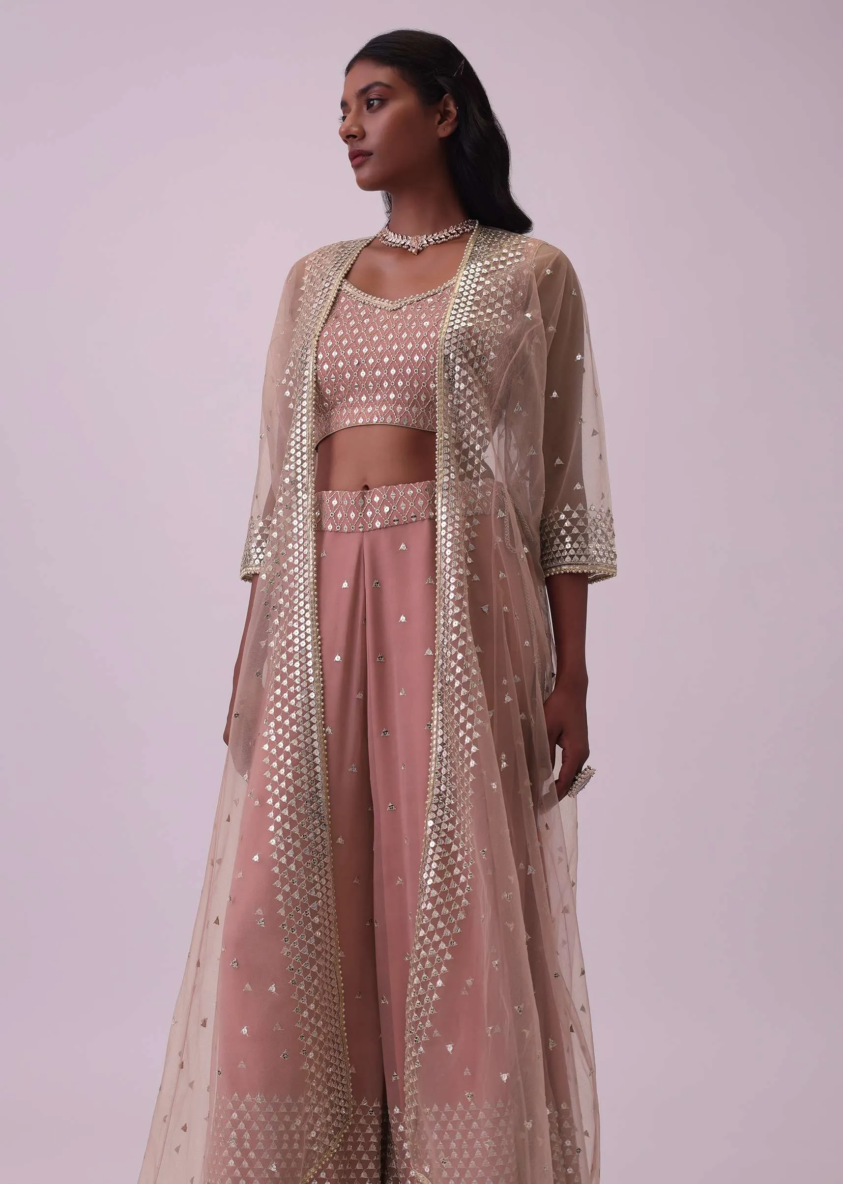 Onion Pink Palazzo And Blouse Set In Georgette With Sequins Work