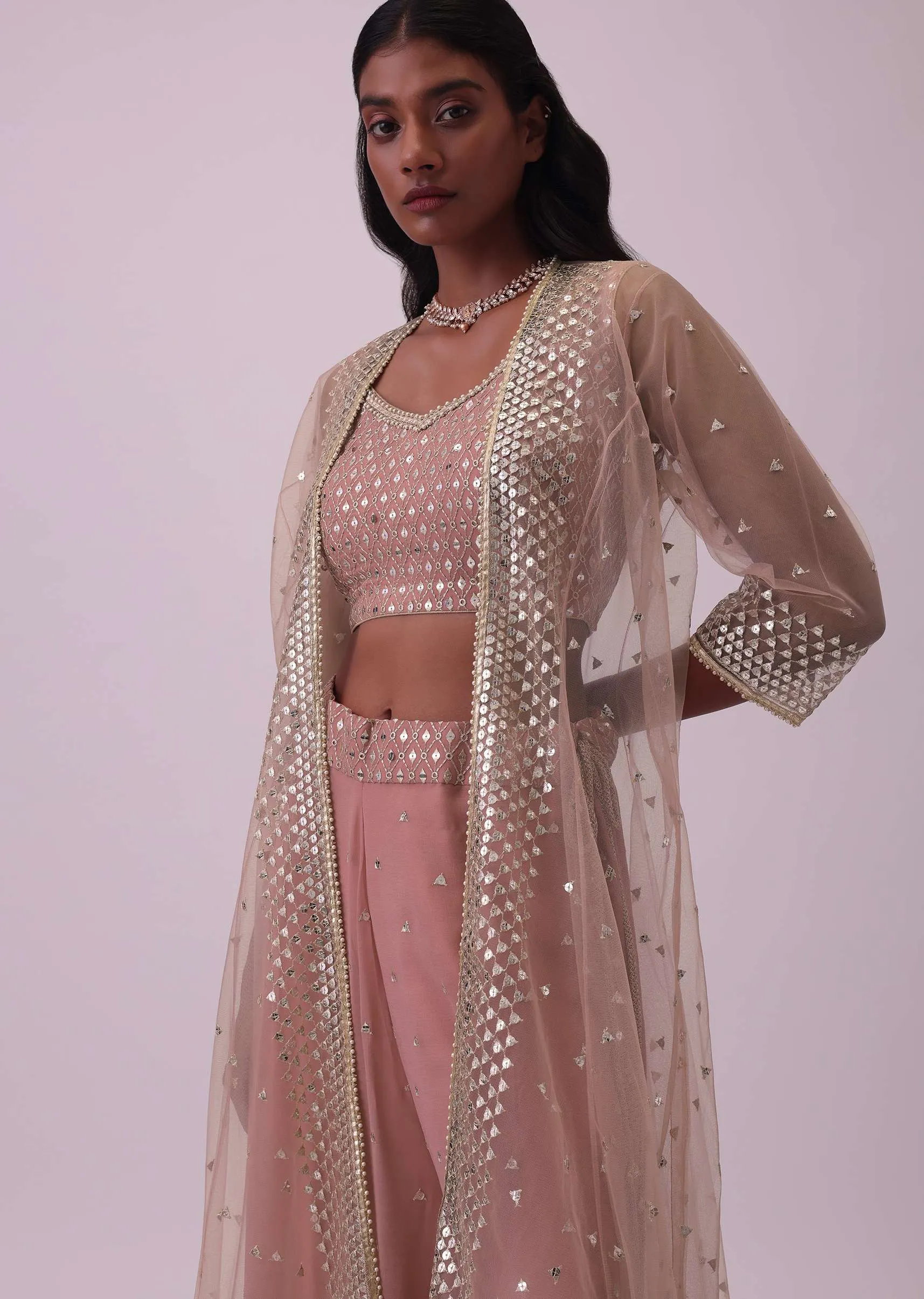 Onion Pink Palazzo And Blouse Set In Georgette With Sequins Work
