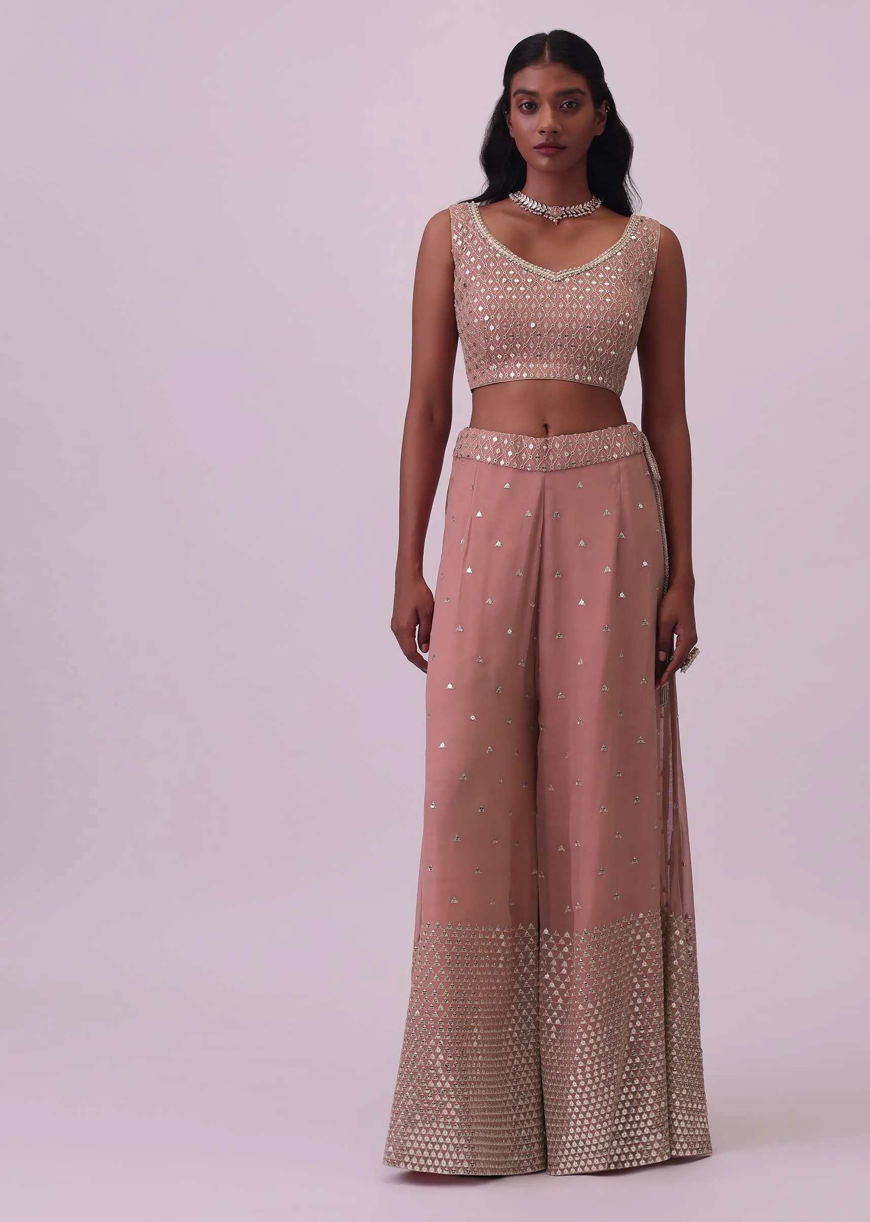 Onion Pink Palazzo And Blouse Set In Georgette With Sequins Work