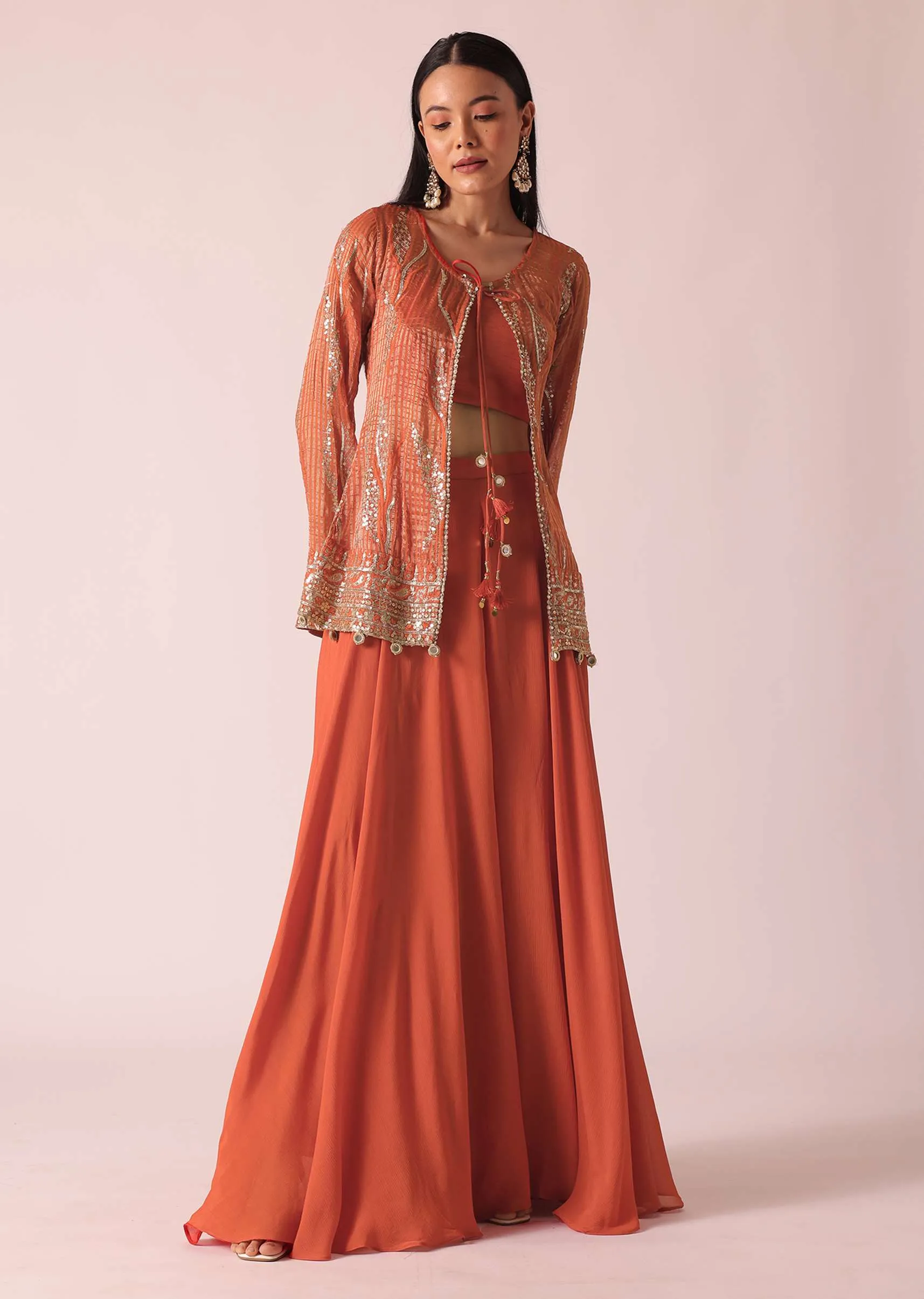 Orange Indo Fusion Jacket Set With Sequin Work