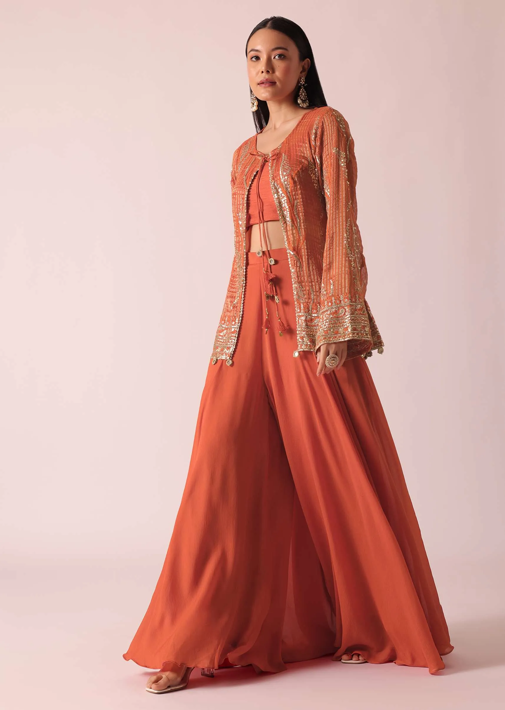 Orange Indo Fusion Jacket Set With Sequin Work
