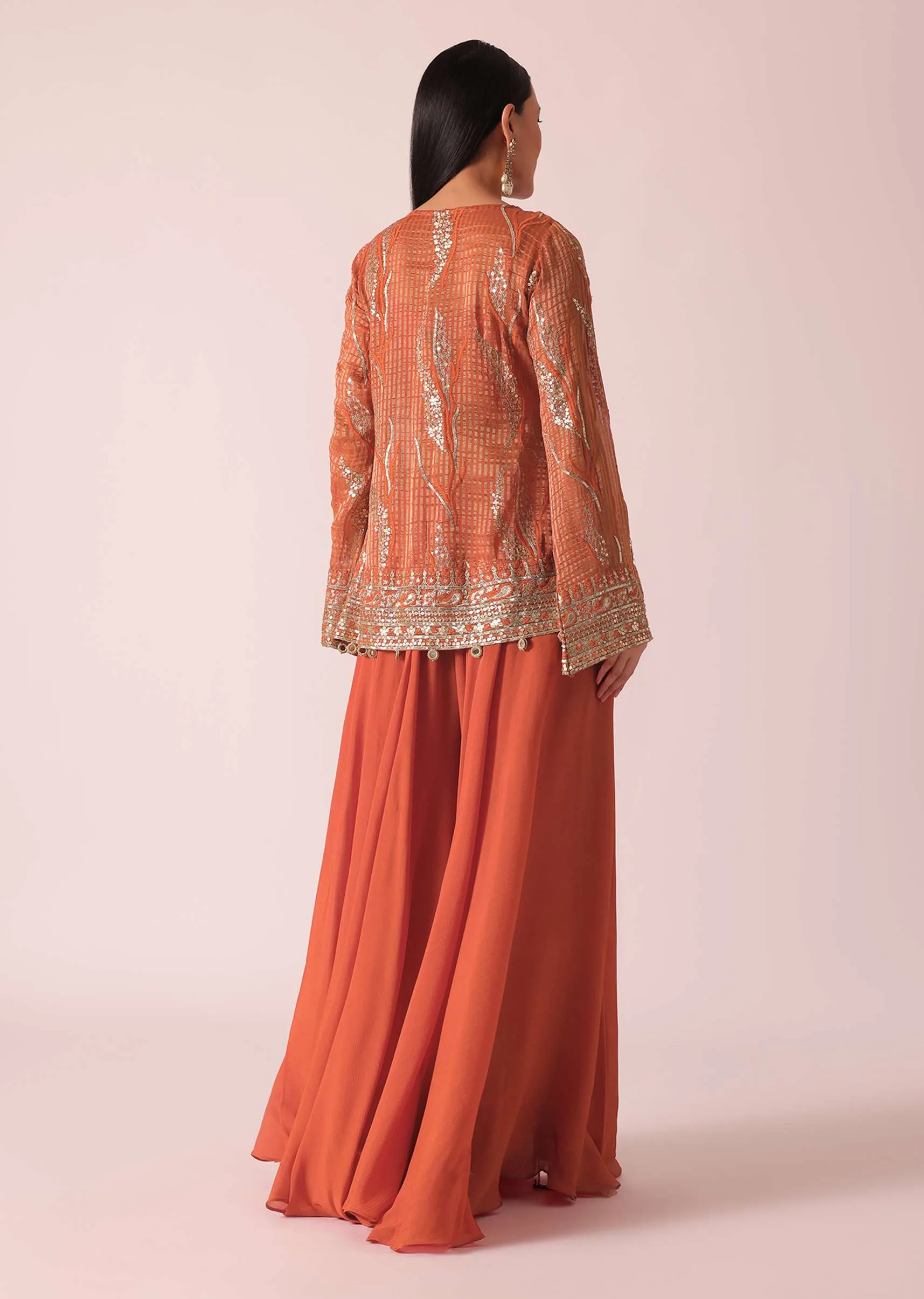 Orange Indo Fusion Jacket Set With Sequin Work