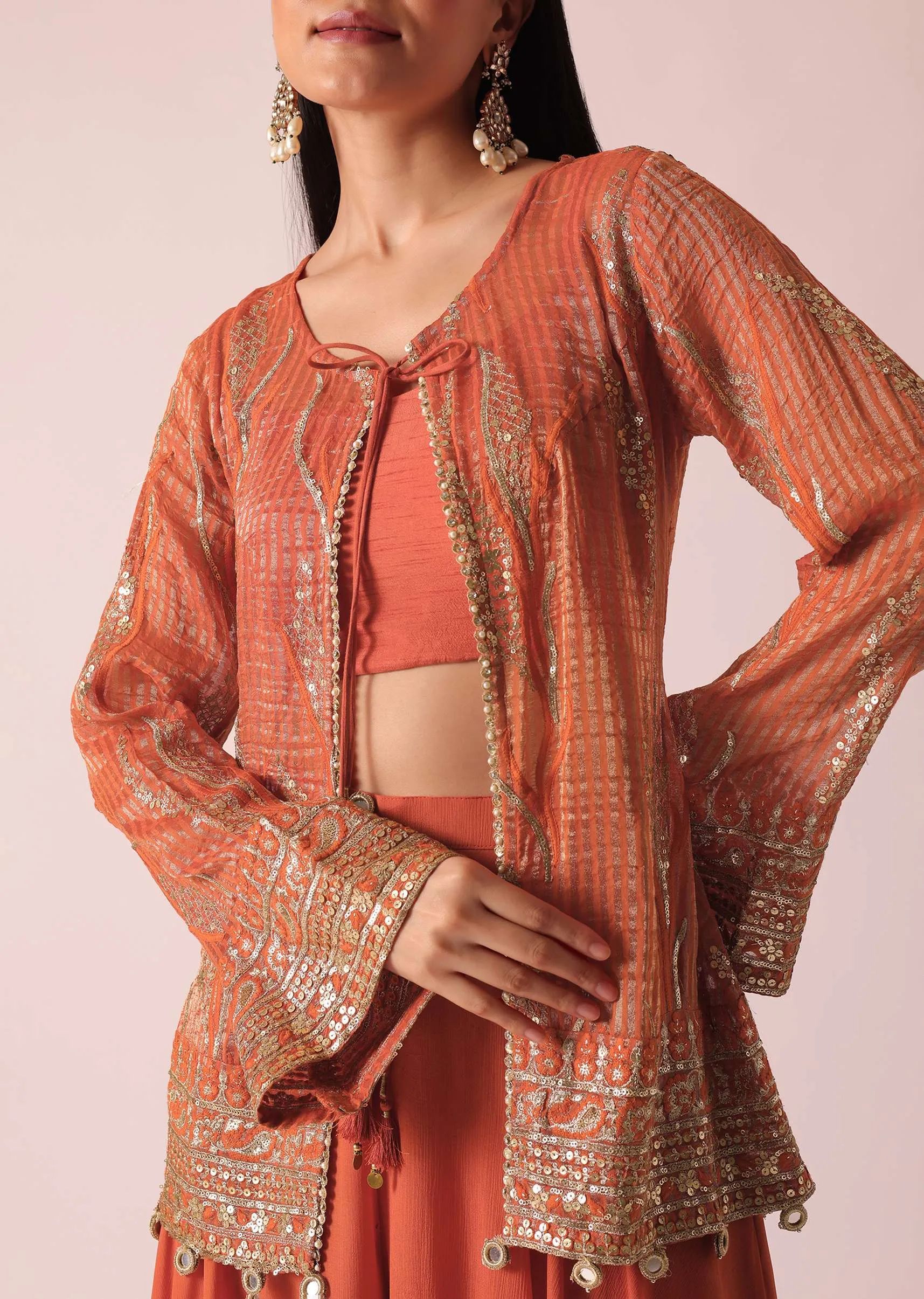 Orange Indo Fusion Jacket Set With Sequin Work