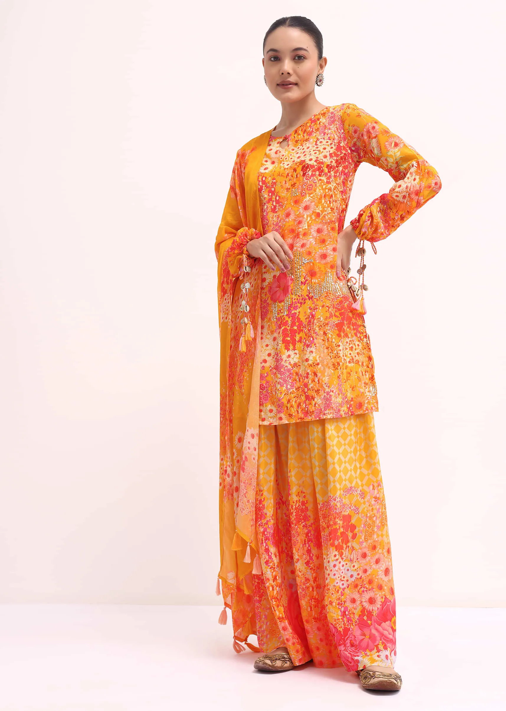 Orange Printed Crepe Kurta Palazzo Set