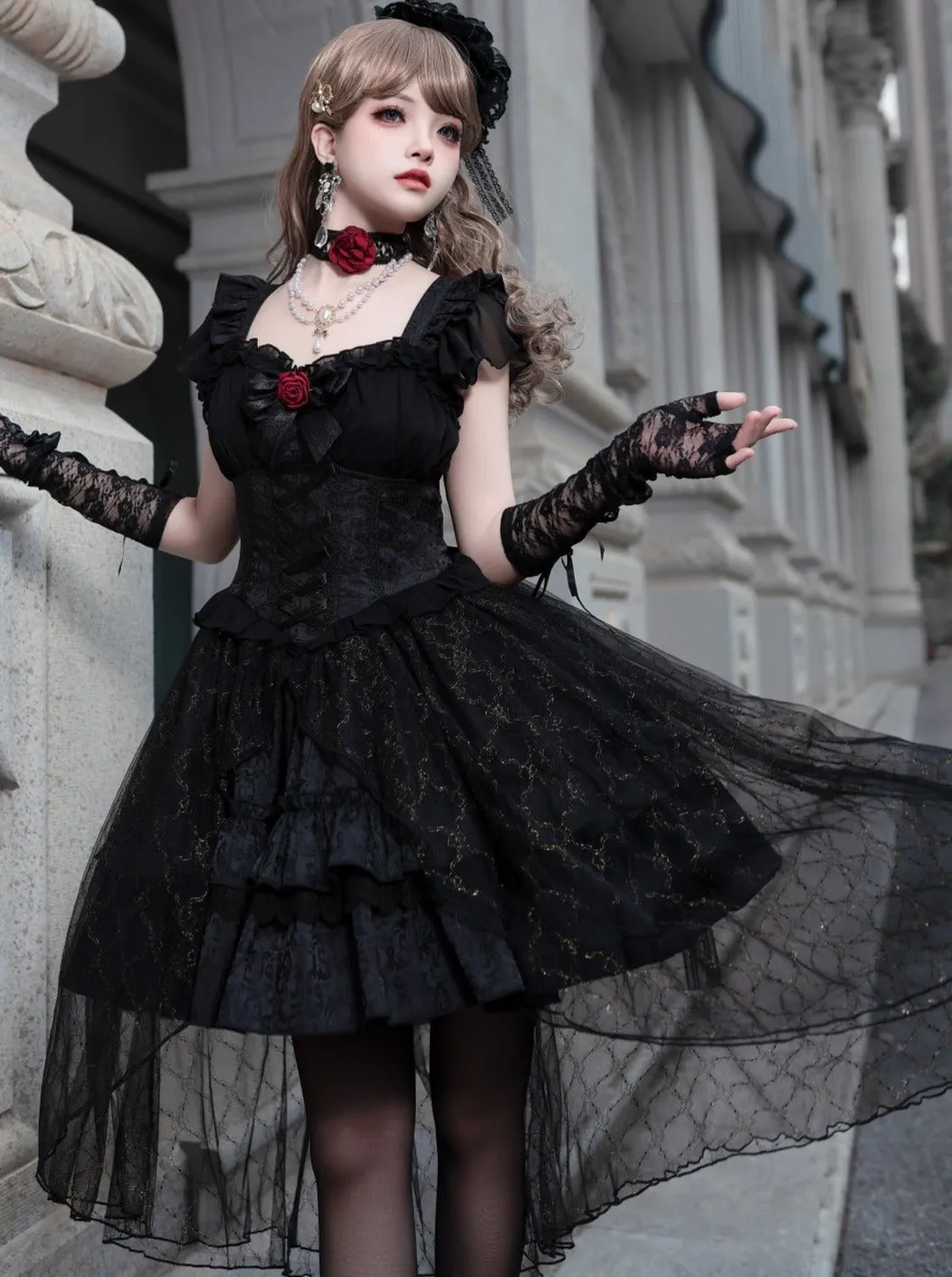Rose Dress Black Flared Gothic Lolita