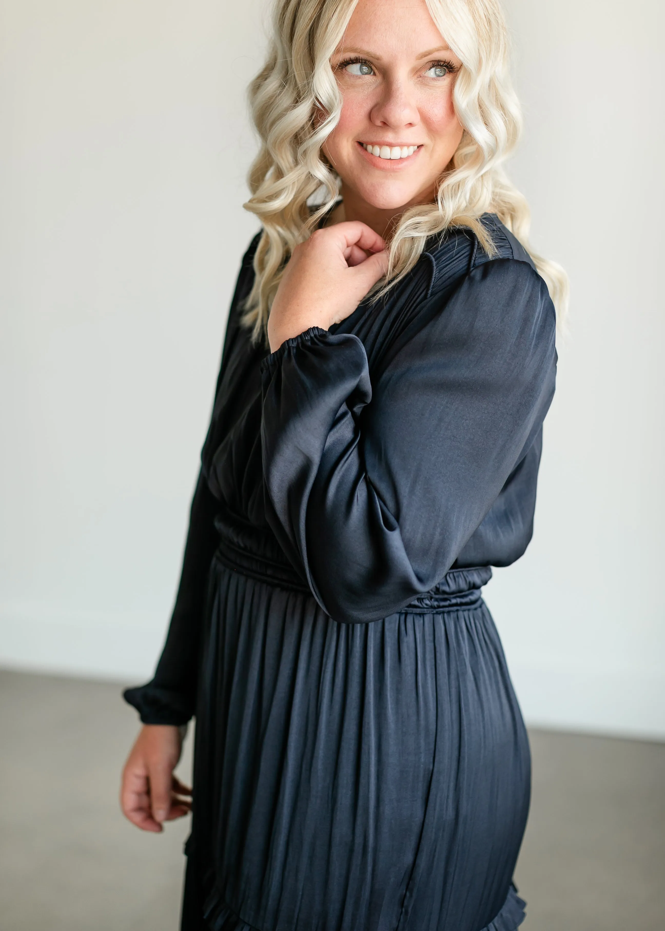 Ruffle Long Sleeve Satin Maxi Dress - FINAL SALE