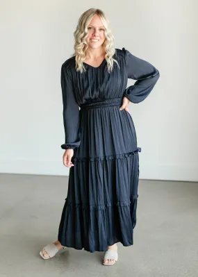 Ruffle Long Sleeve Satin Maxi Dress - FINAL SALE