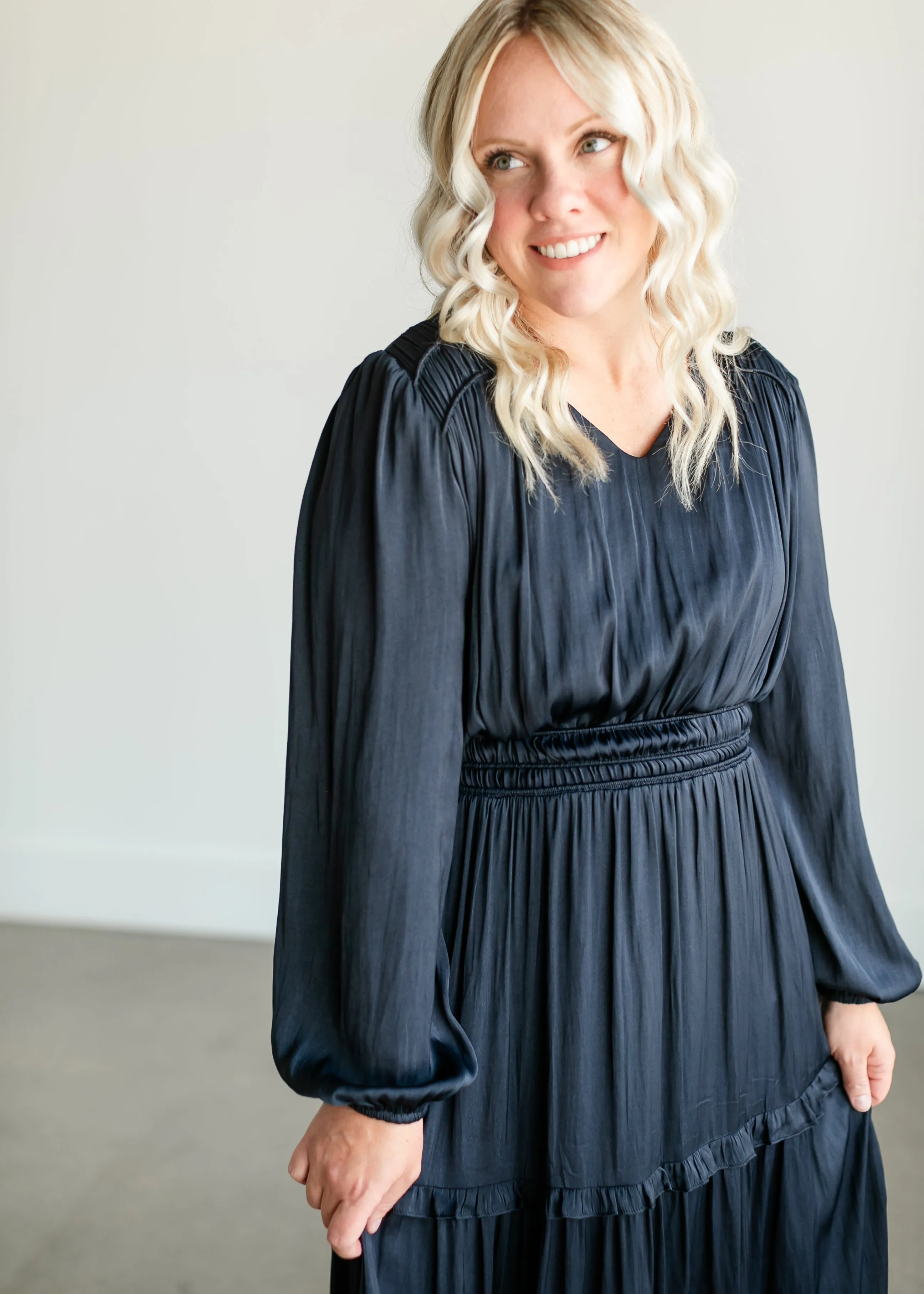 Ruffle Long Sleeve Satin Maxi Dress - FINAL SALE