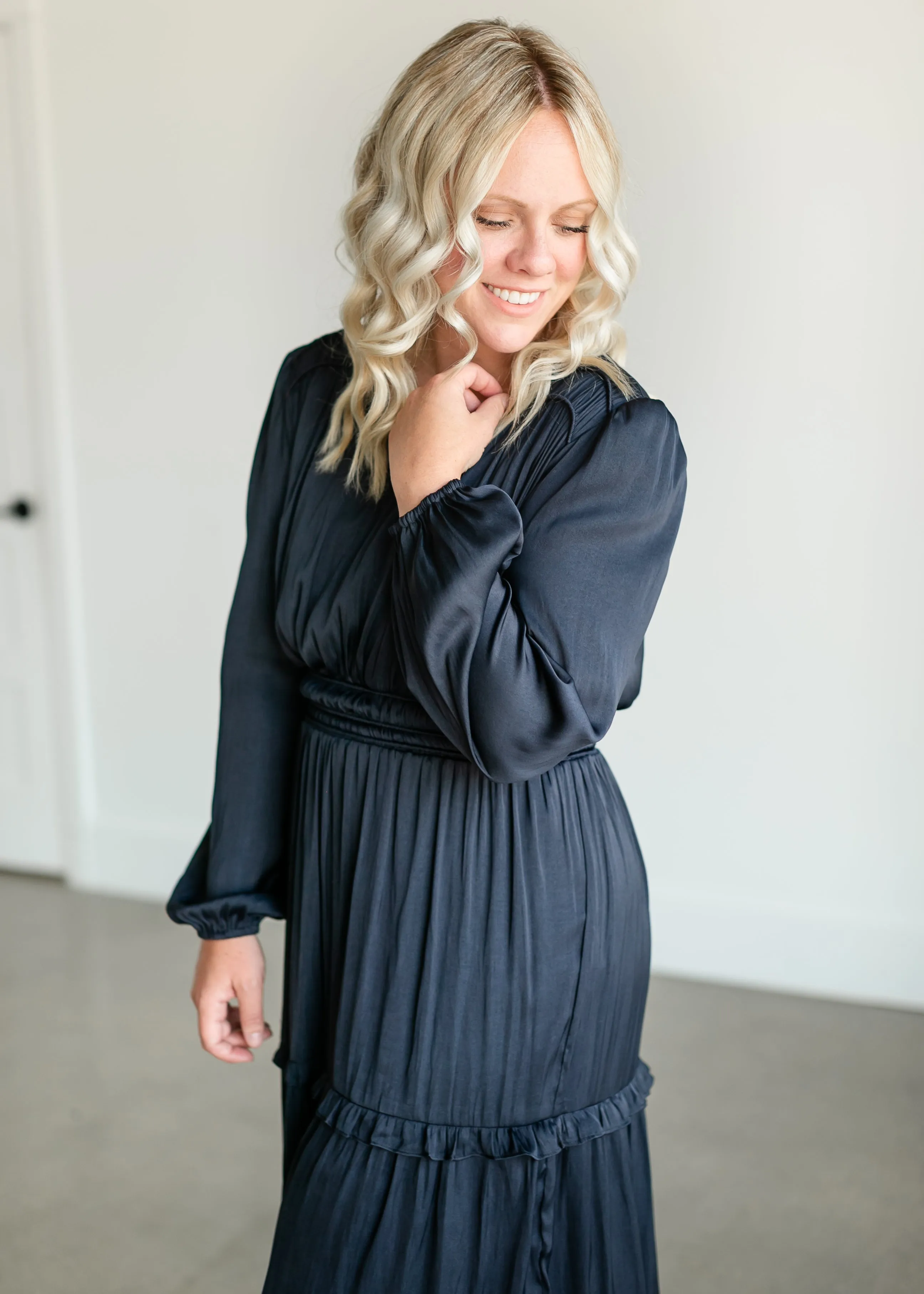 Ruffle Long Sleeve Satin Maxi Dress - FINAL SALE