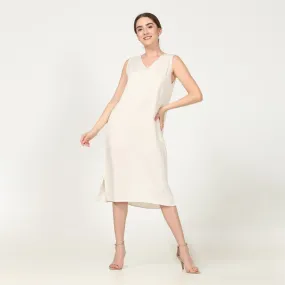 Sleeveless Shift Tunic V Neck Dress In Off-White | Linen | Hand-Crafted