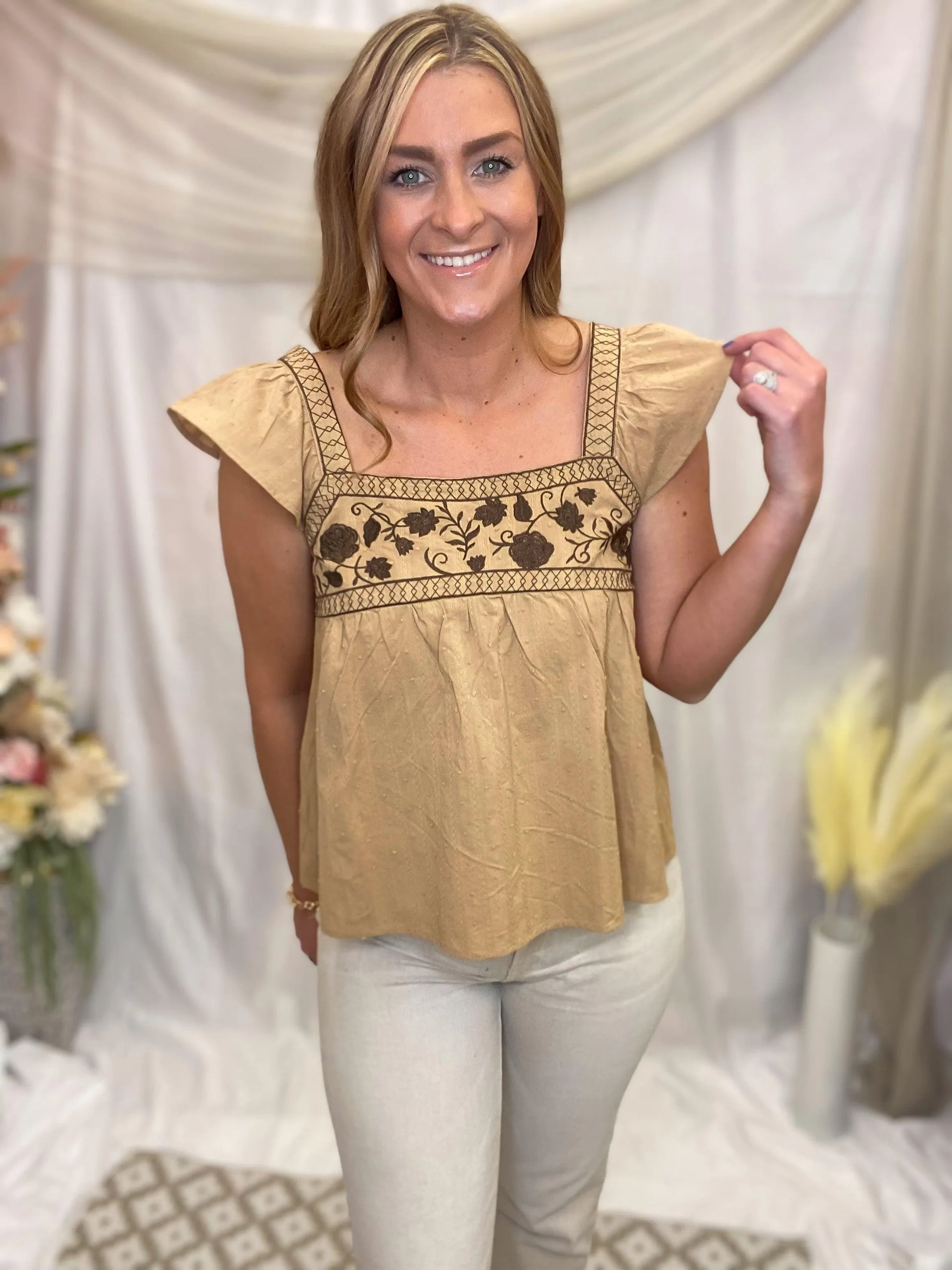 Square Embroidered Neck Flutter Sleeve Top