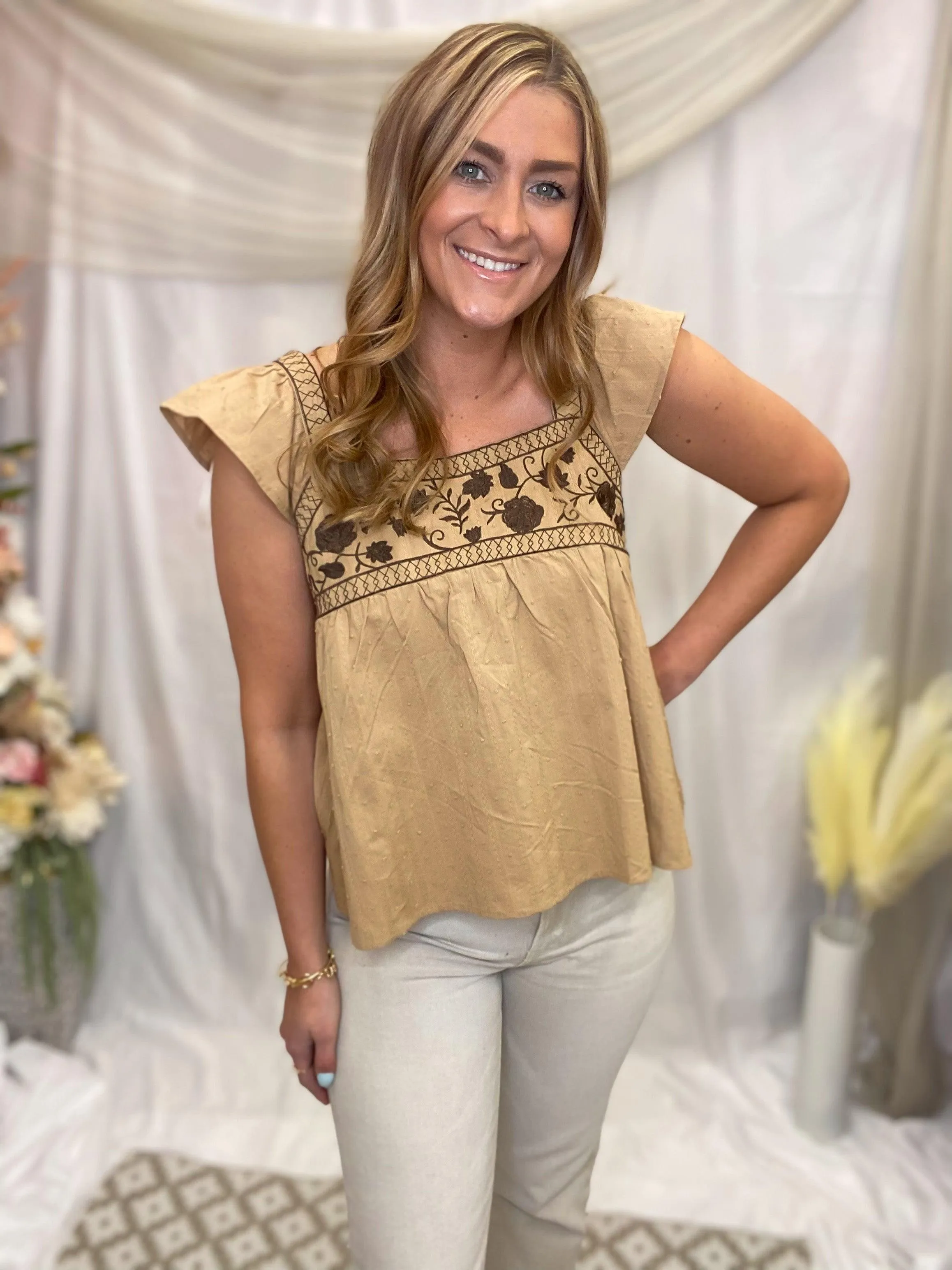 Square Embroidered Neck Flutter Sleeve Top