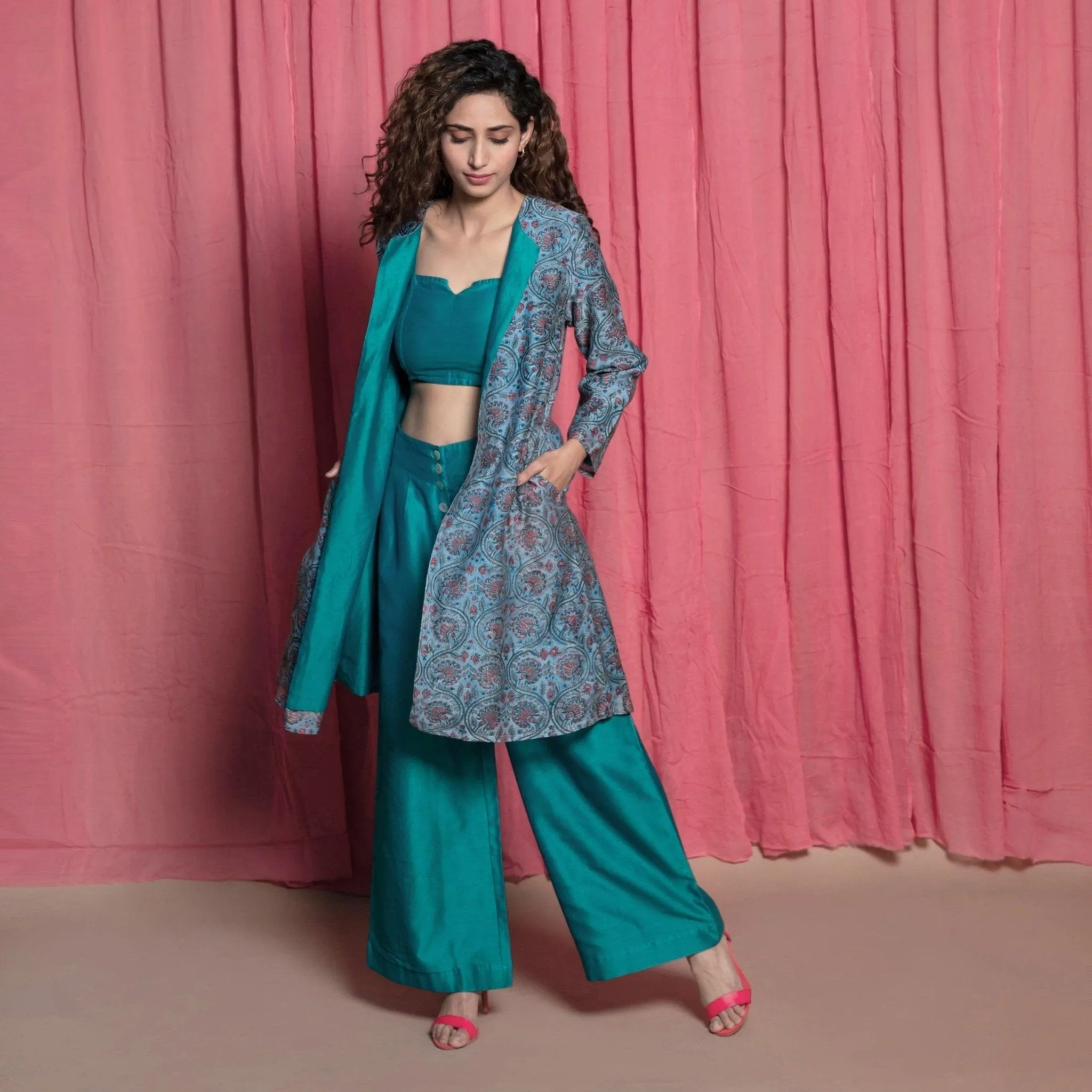 Teal Cotton Chanderi Block Printed Knee Length Overlay