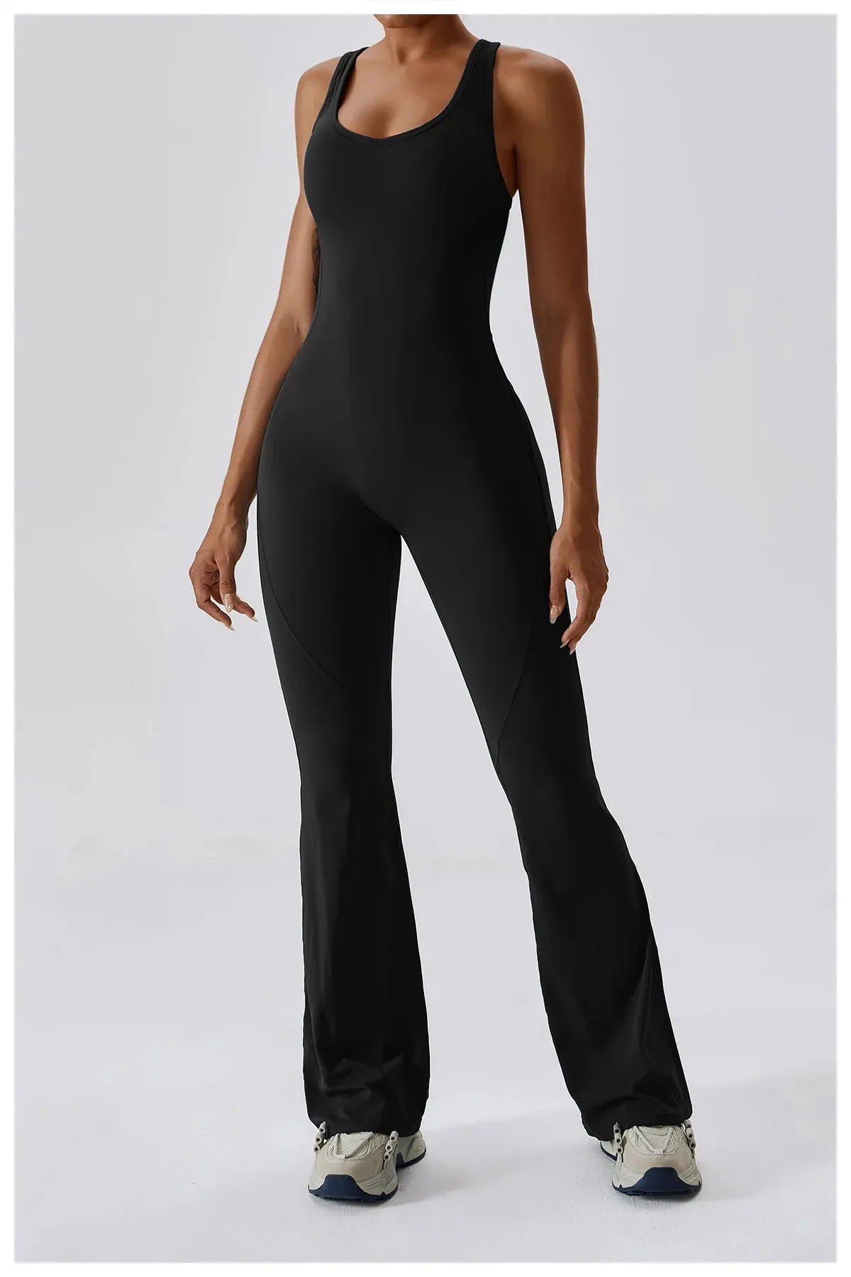 V SHAPE OPEN BACK FLARE JUMPSUIT