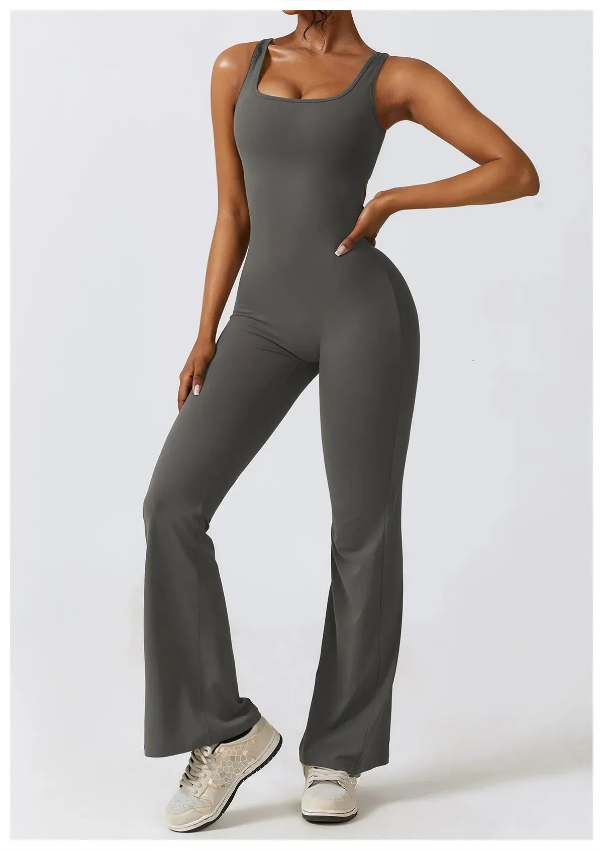 V SHAPE OPEN BACK FLARE JUMPSUIT