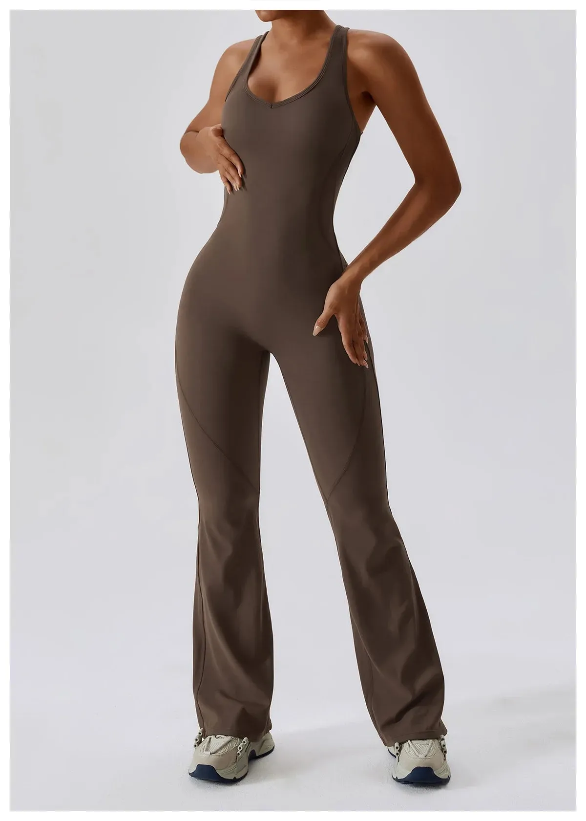V SHAPE OPEN BACK FLARE JUMPSUIT
